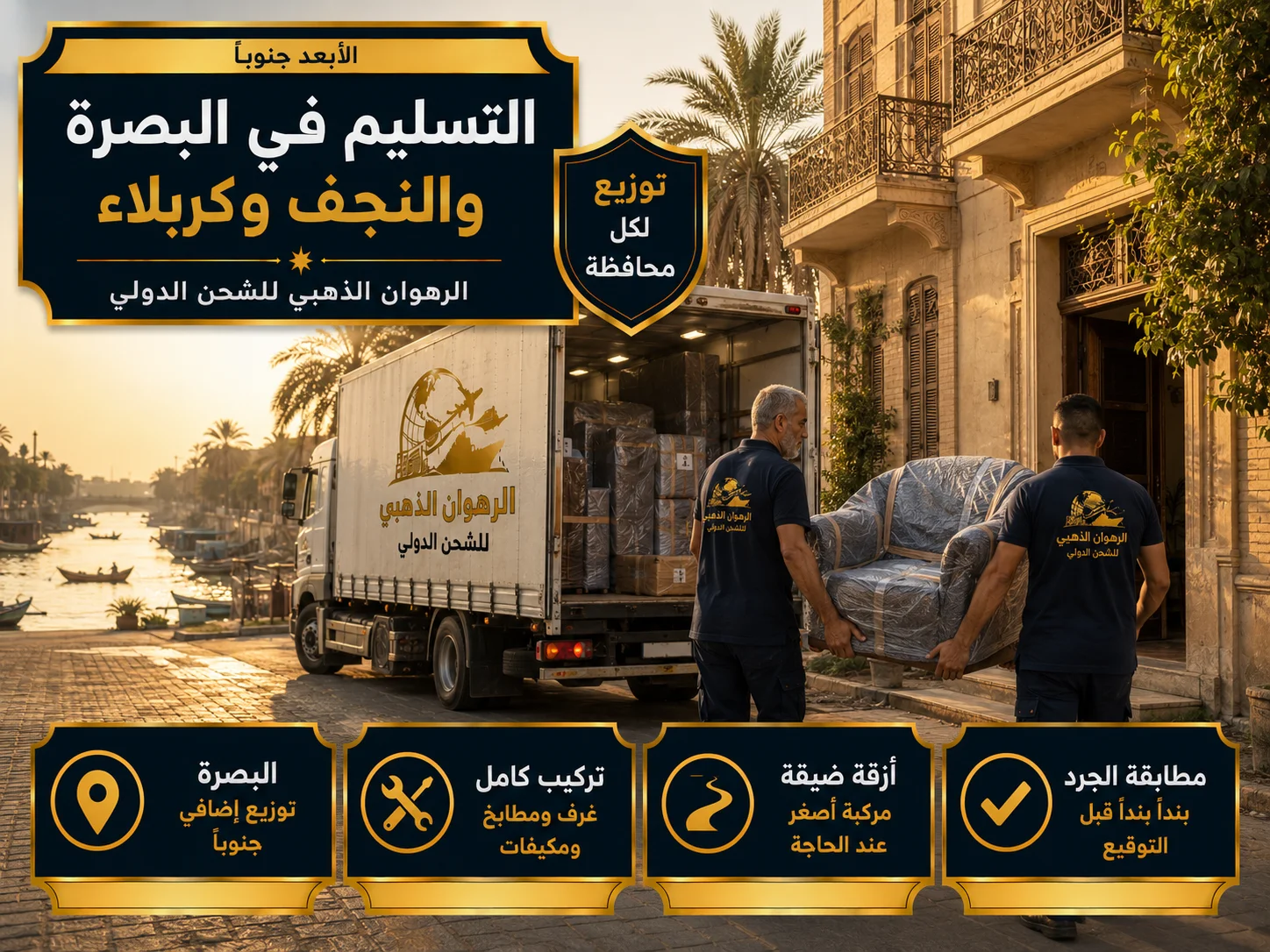 التسليم في البصرة والجنوب تسليم الأثاث في زقاق بمدينة عراقية جنوبية قرب النهر