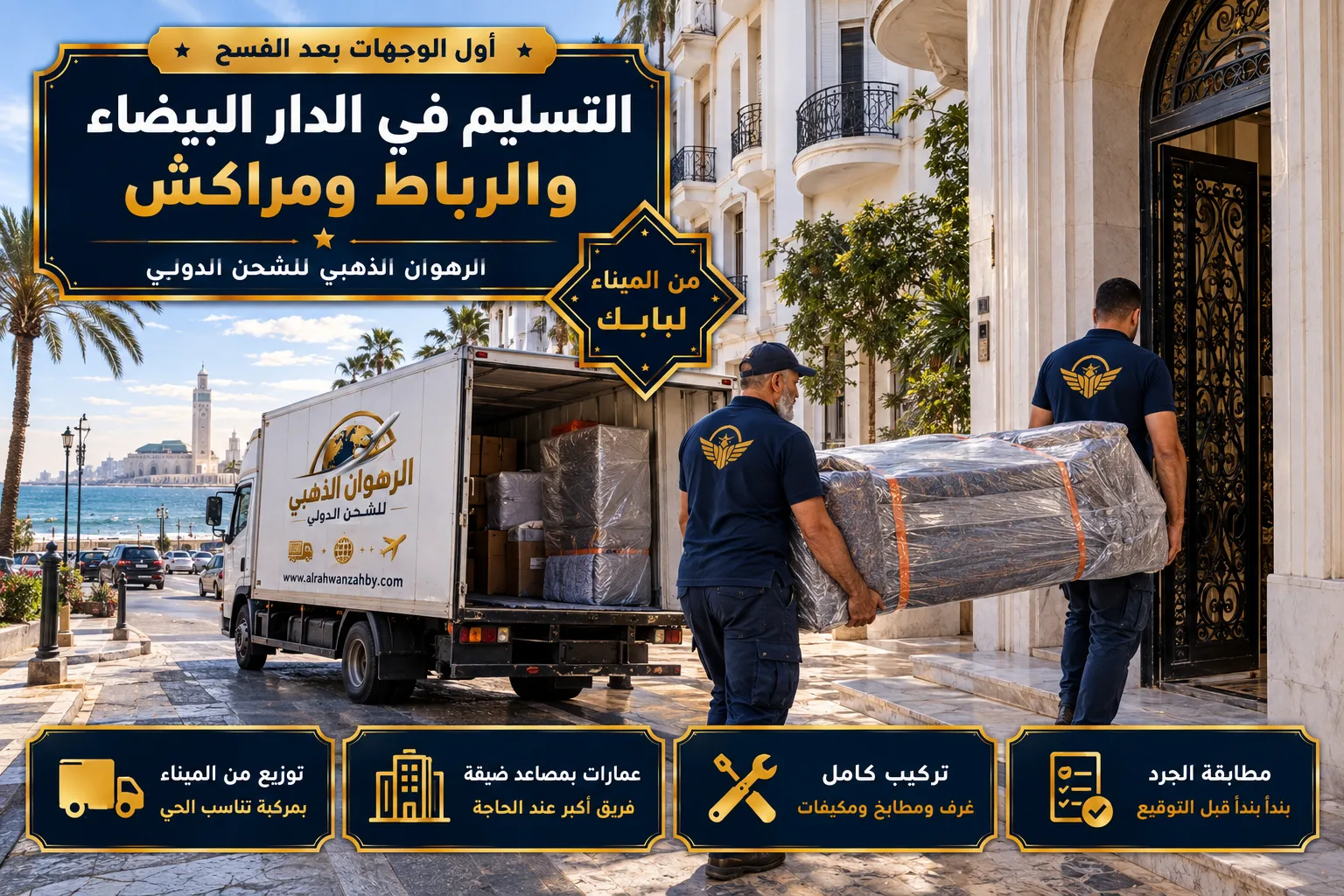 تسليم الأثاث في شارع بالدار البيضاء بعمارات بيضاء وشرفات حديدية