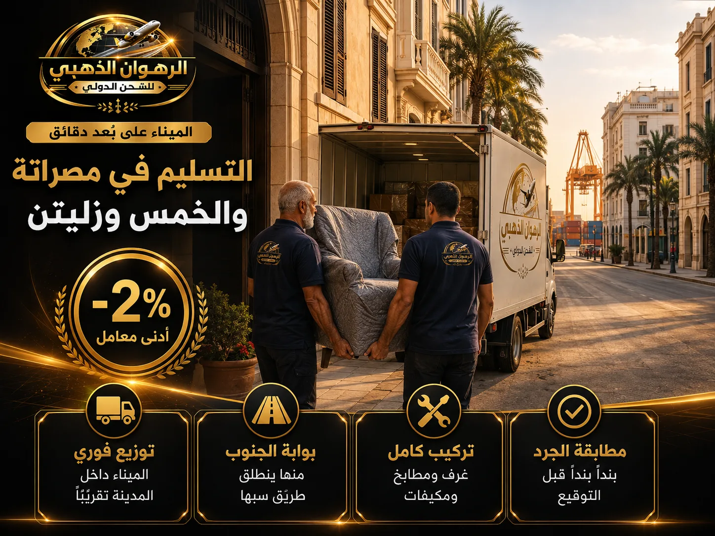 تسليم الأثاث في شارع بمصراتة تظهر روافع الميناء في نهايته
