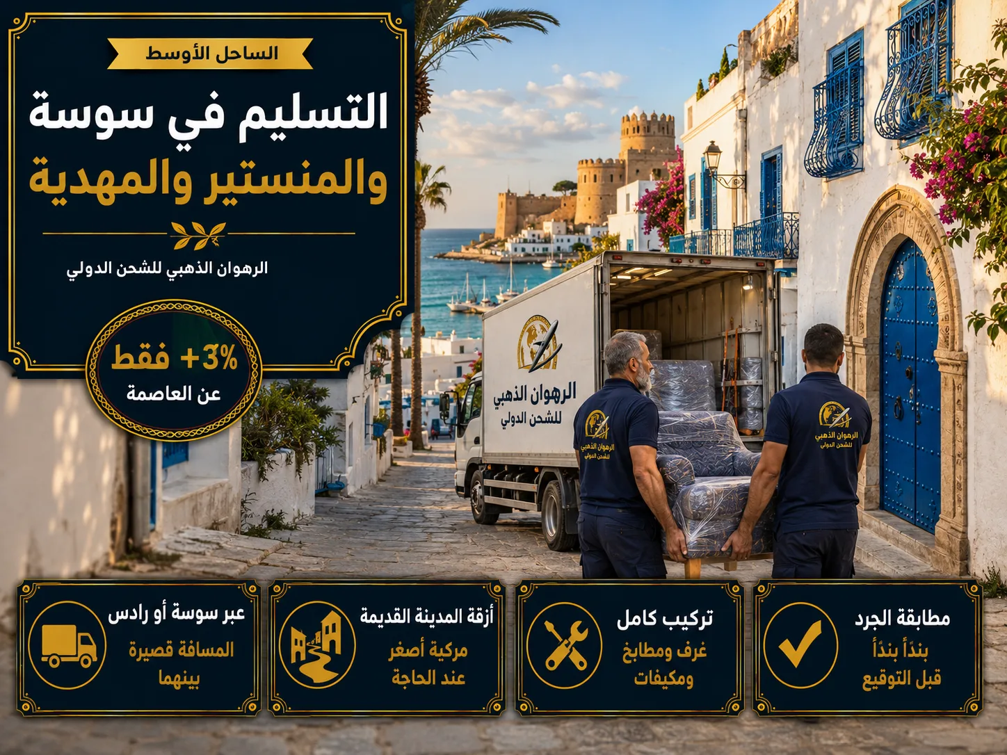 تسليم الأثاث في شارع بسوسة بجدران بيضاء وشبابيك زرقاء
