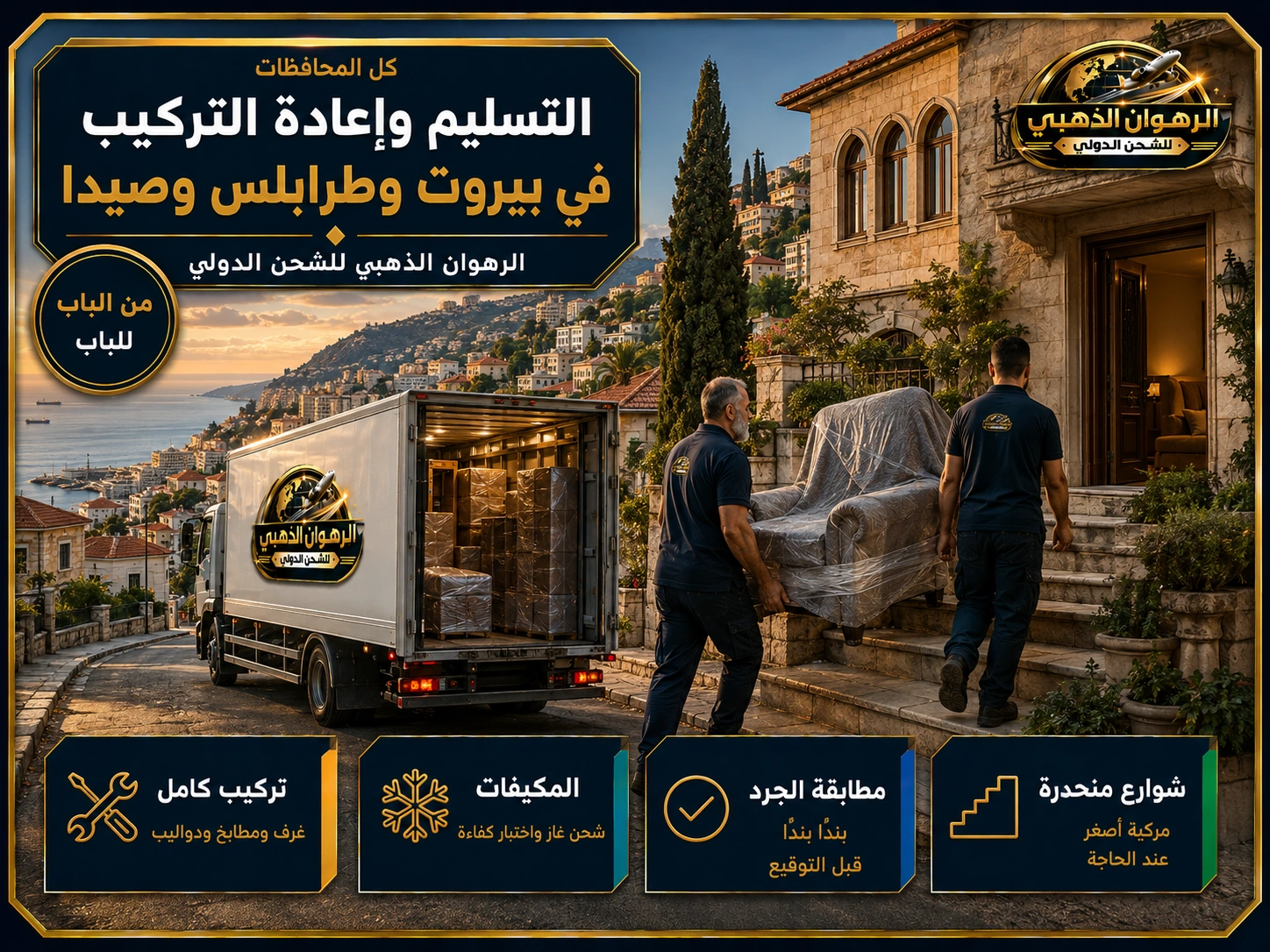 التسليم في المحافظات اللبنانية تسليم الأثاث في حي لبناني على منحدر جبلي مطل على البحر