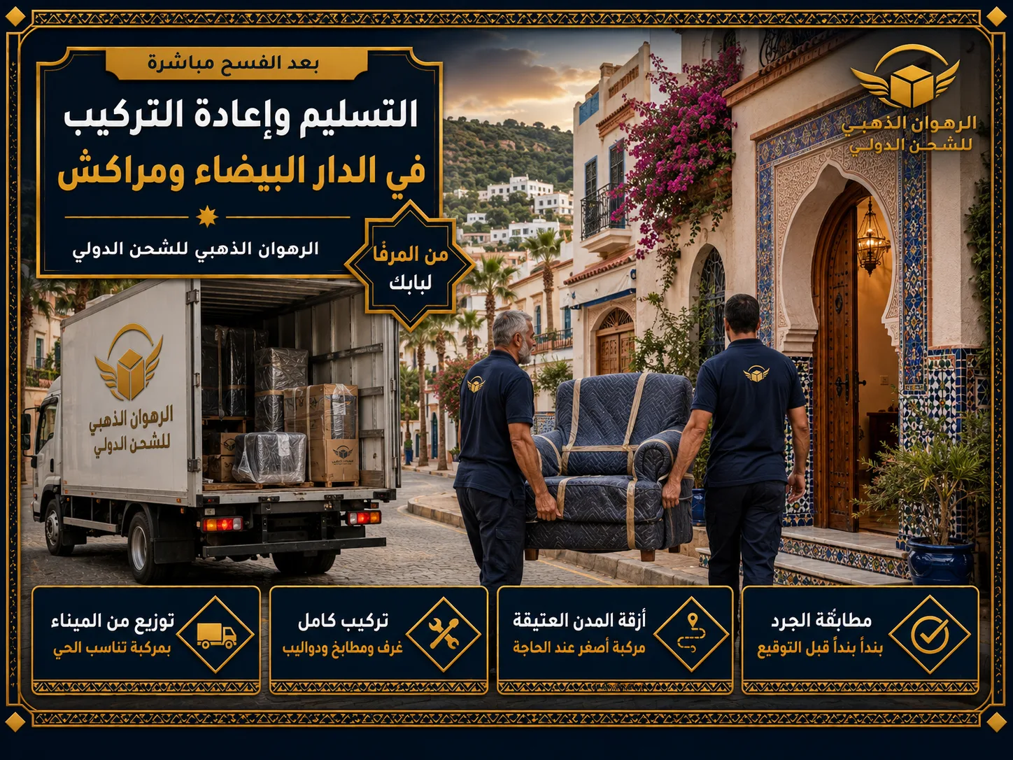 التسليم في المدن المغربية تسليم الأثاث في حي مغربي بأبواب مقوسة وزخارف زليج
