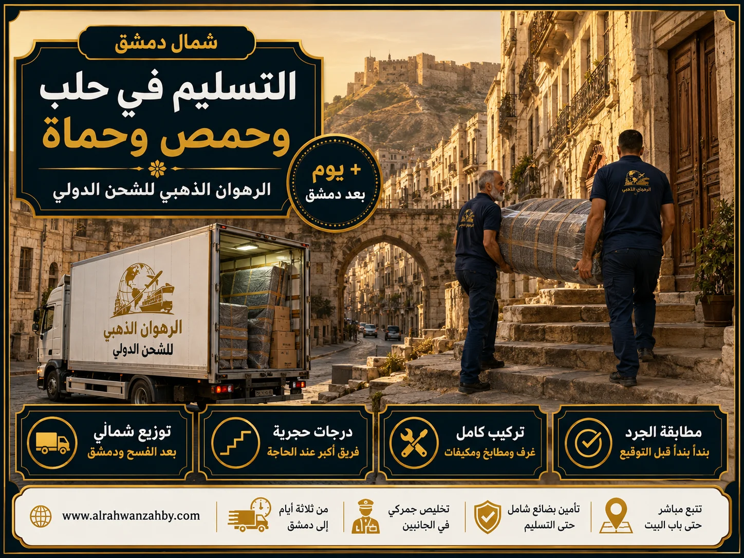 التسليم في حلب وشمال سوريا تسليم الأثاث في شارع حجري بحلب بعد وصول الشحنة من الرياض