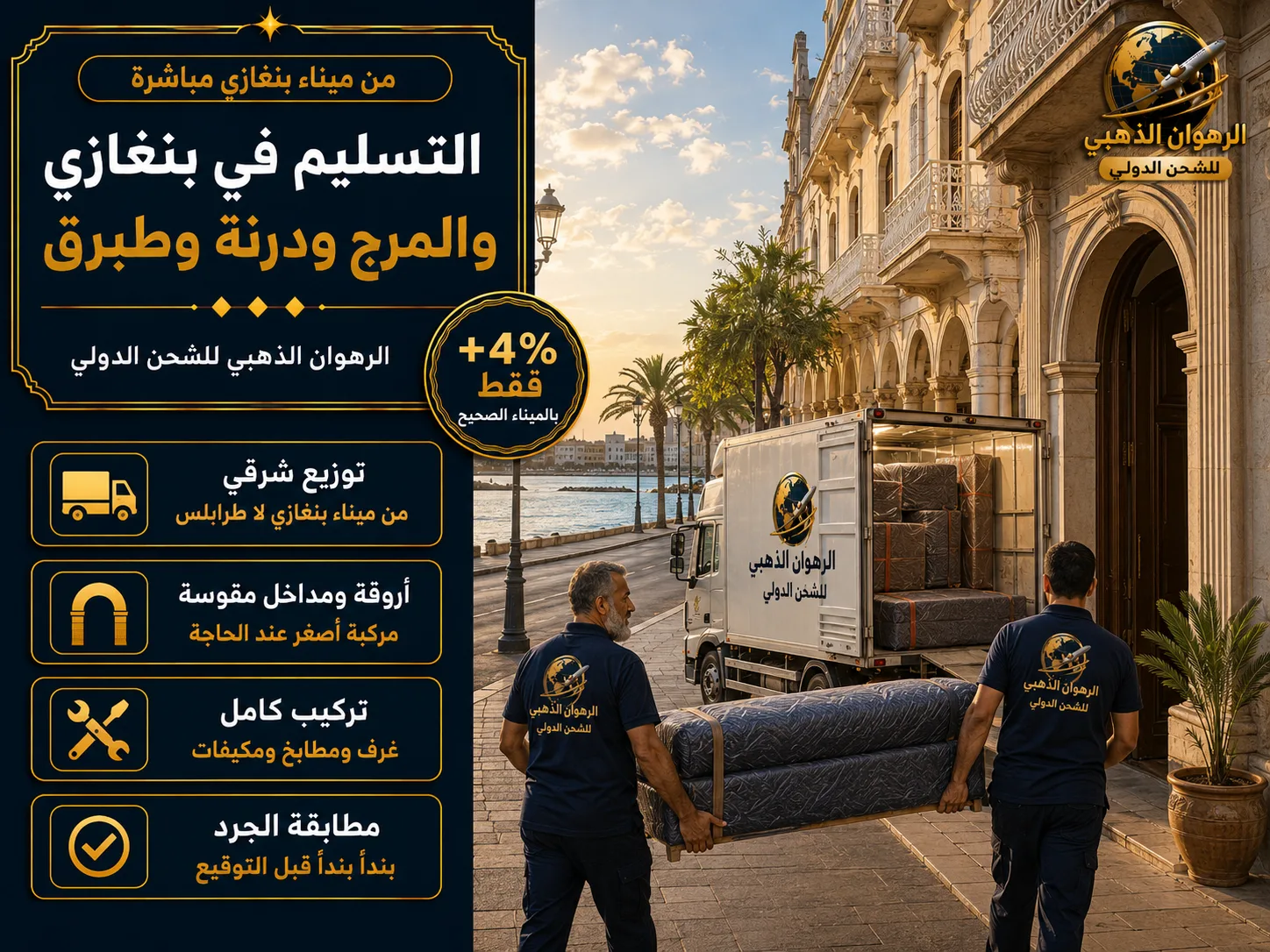 التسليم في بنغازي والشرق تسليم الأثاث في شارع ببنغازي يطل على بحيرة ساحلية وأروقة
