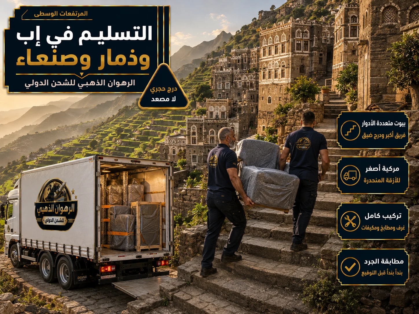 التسليم في المرتفعات اليمنية تسليم الأثاث عبر درج حجري في قرية يمنية جبلية بعد وصول الشحنة من الرياض