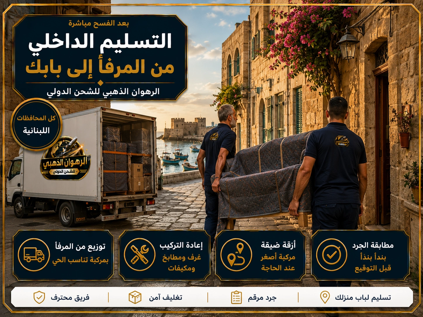 التسليم من المرفأ إلى بابك تسليم الأثاث عبر زقاق ضيق في مدينة ساحلية لبنانية