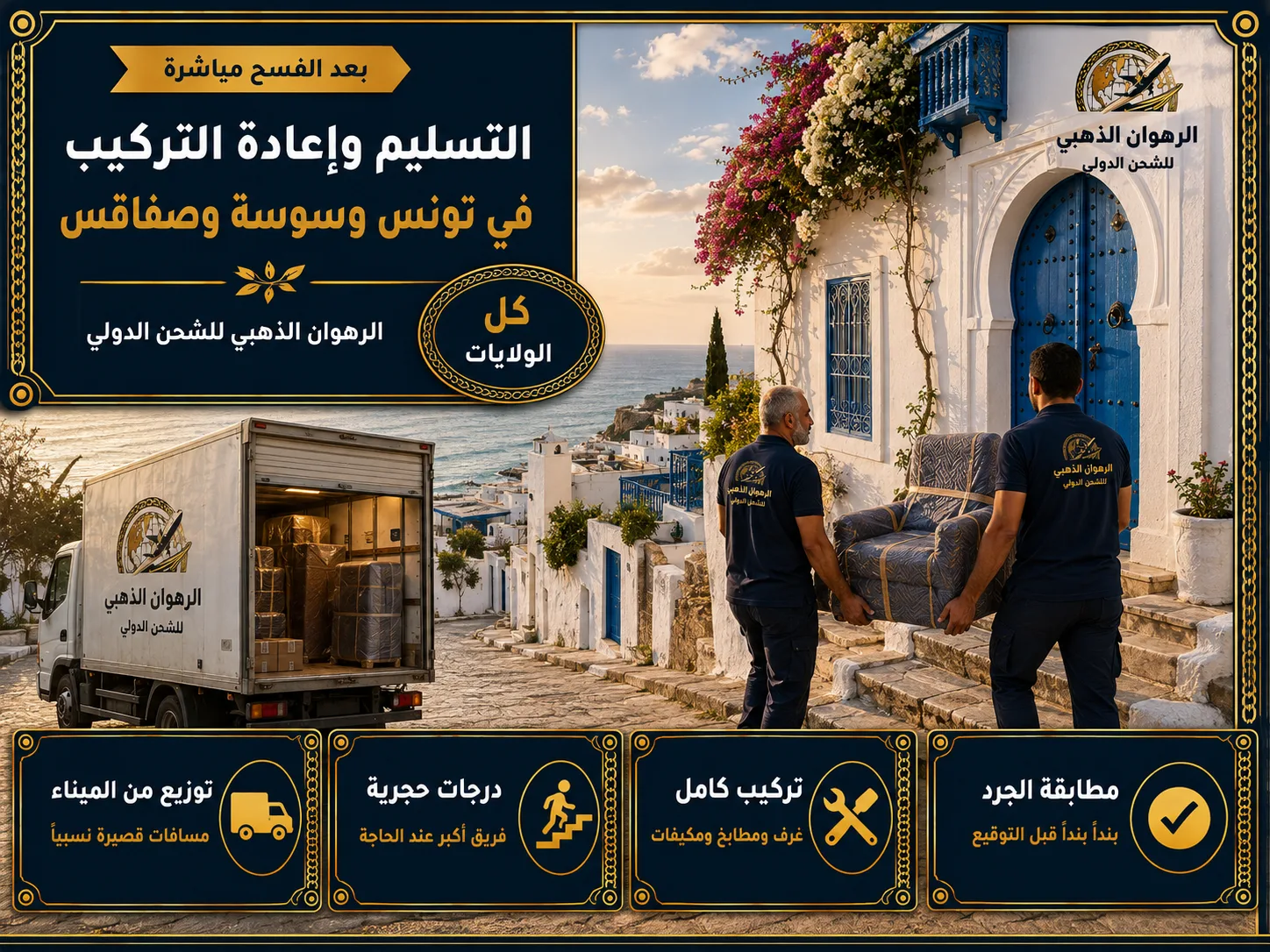 تسليم الأثاث في زقاق تونسي بجدران بيضاء وأبواب زرقاء