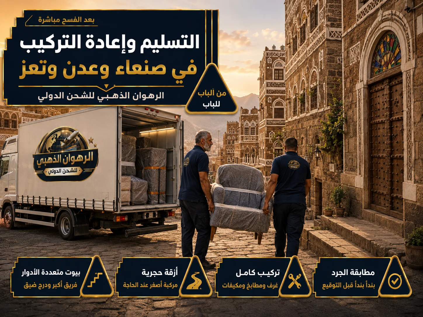 التسليم في المدن اليمنية تسليم الأثاث في زقاق حجري بصنعاء القديمة بعد وصول الشحنة من السعودية