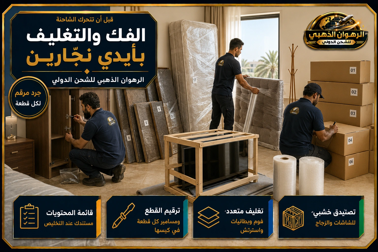 الفك والتغليف بأيدي نجّارين فريق نجّارين يفك ويغلّف الأثاث في فيلا بالرياض تمهيداً للشحن إلى لبنان