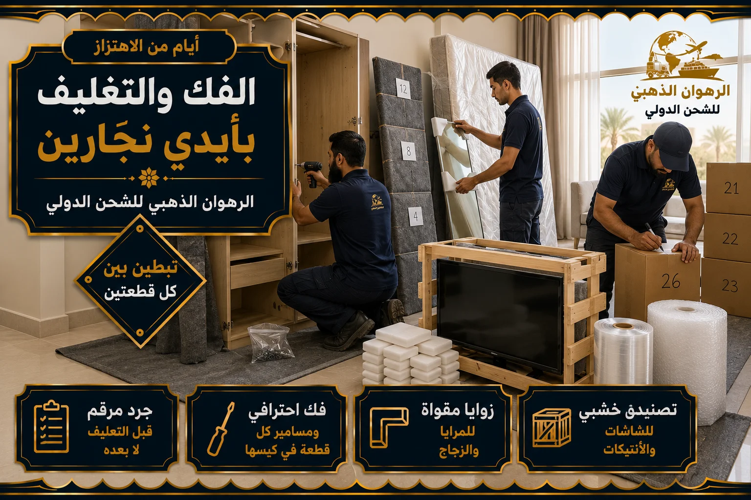 الفك والتغليف بأيدي نجّارين فريق نجّارين يفك ويغلّف الأثاث في فيلا بالرياض تمهيداً للشحن إلى سوريا