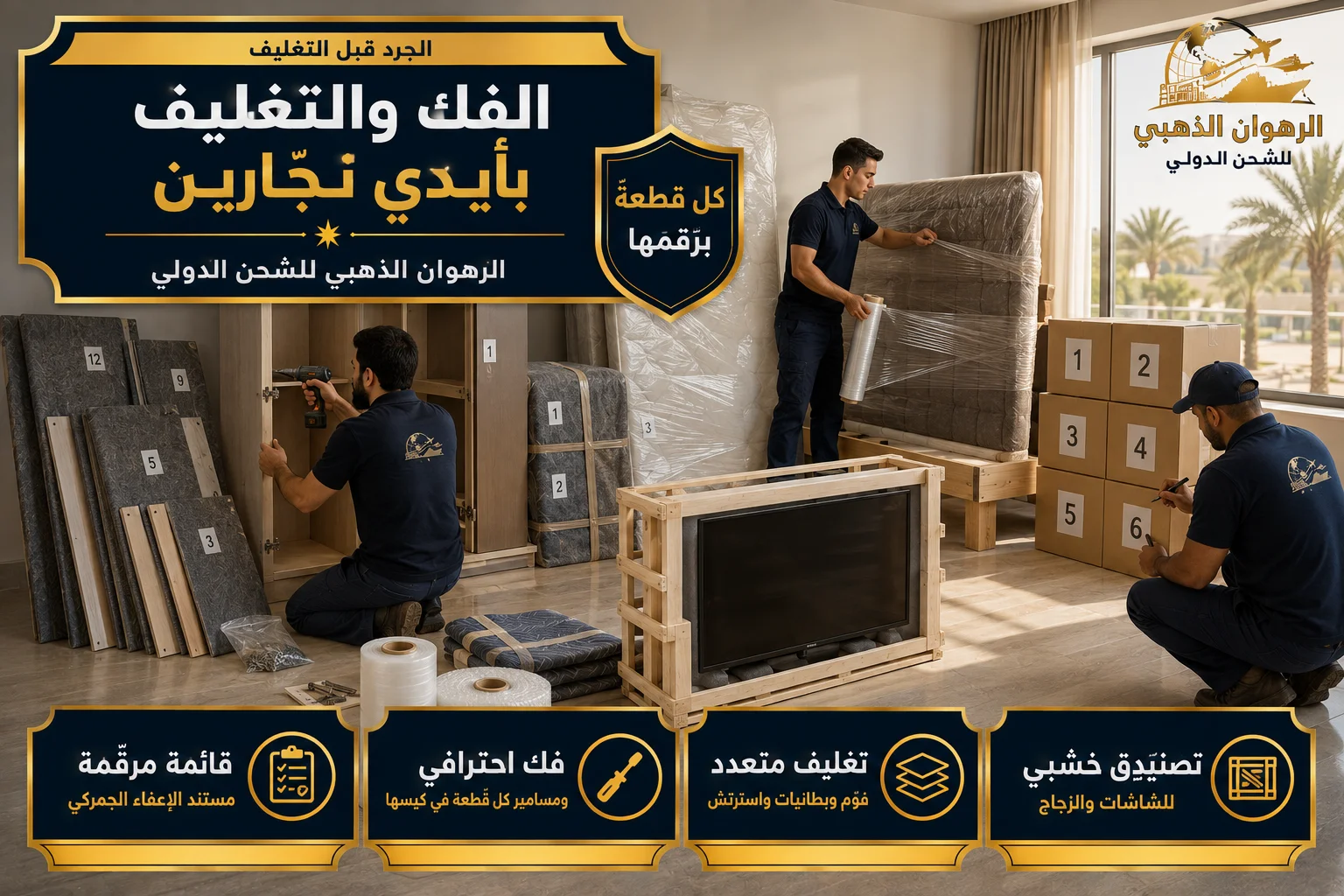 فريق نجّارين يفك ويغلّف الأثاث تمهيداً للشحن إلى العراق