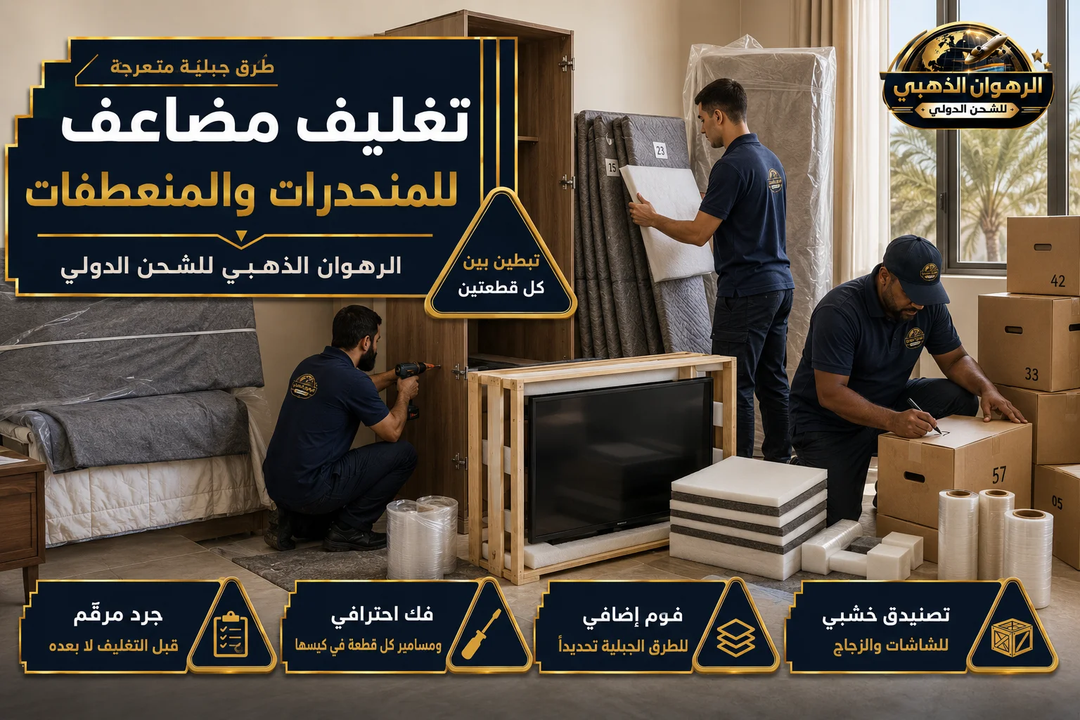 التغليف للطرق الجبلية فريق نجّارين يفك ويغلّف الأثاث بطبقات إضافية تمهيداً للشحن إلى اليمن