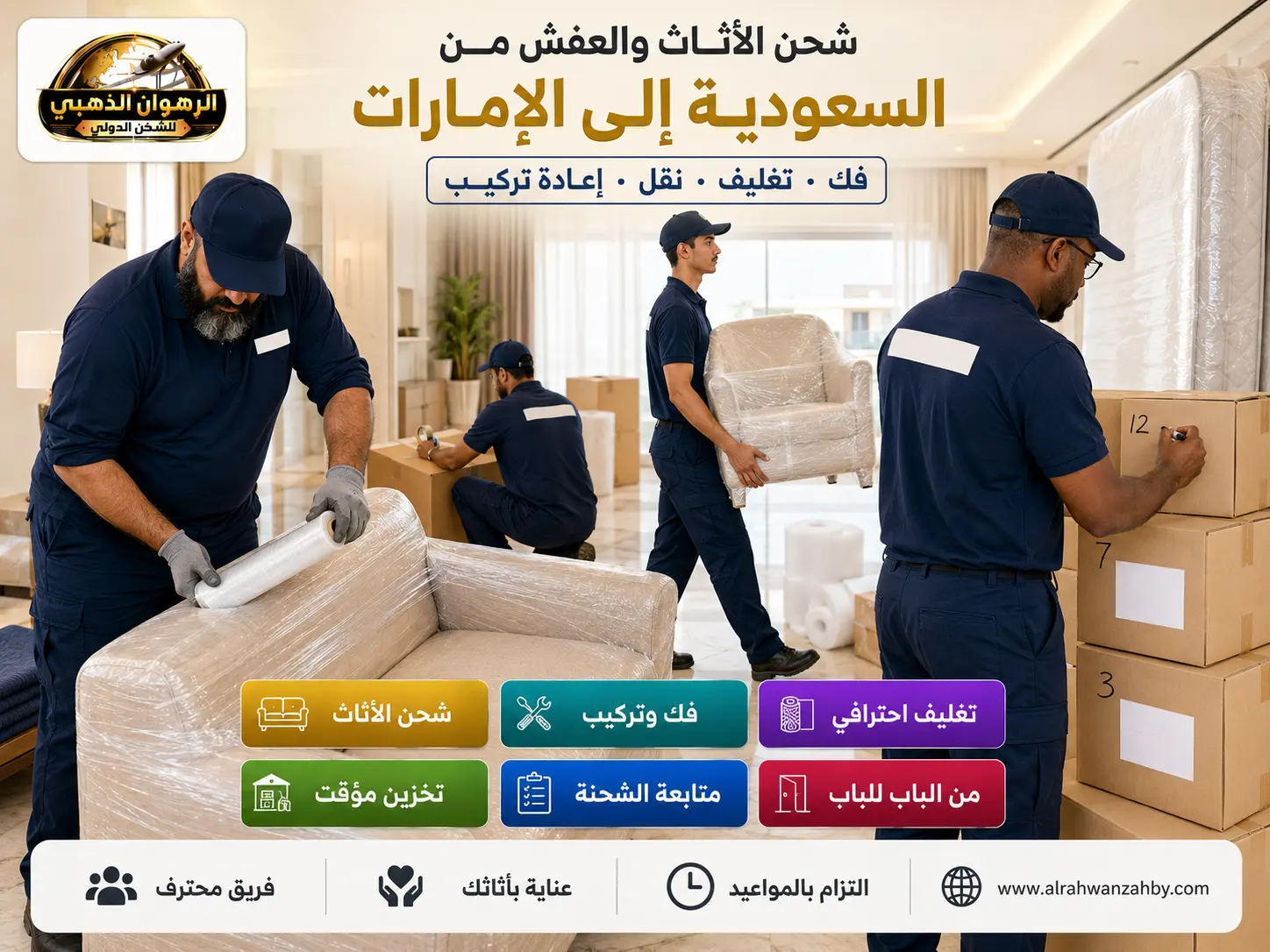فريق تغليف الأثاث قبل شحنه من السعودية إلى الإمارات