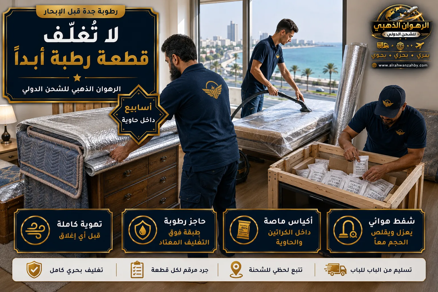 تغليف الأثاث بحاجز رطوبة وأكياس ماصة في شقة بجدة استعداداً للشحن البحري