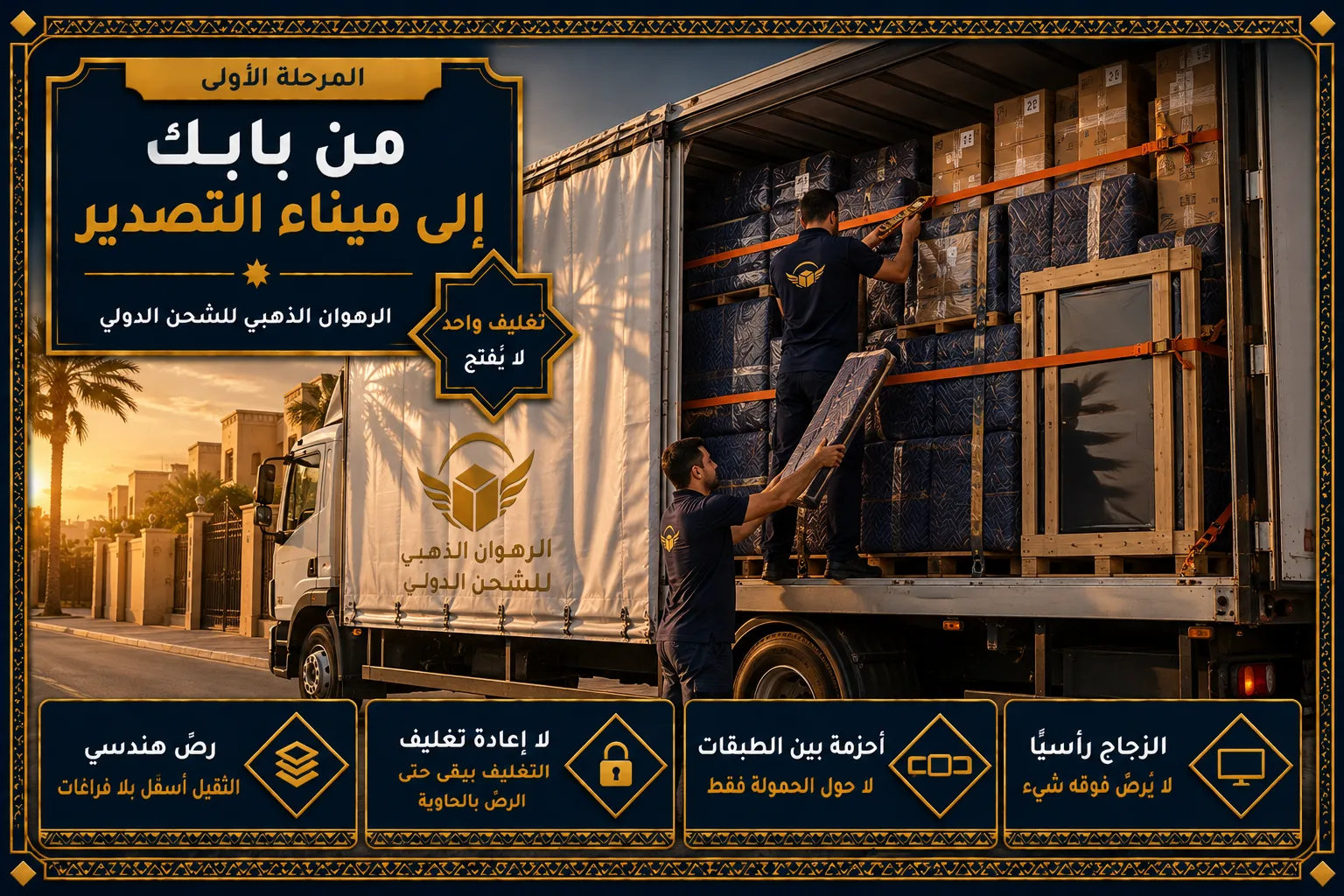 من بابك إلى ميناء التصدير تحميل الأثاث المغلّف في شاحنة بالرياض تمهيداً لنقله إلى ميناء التصدير