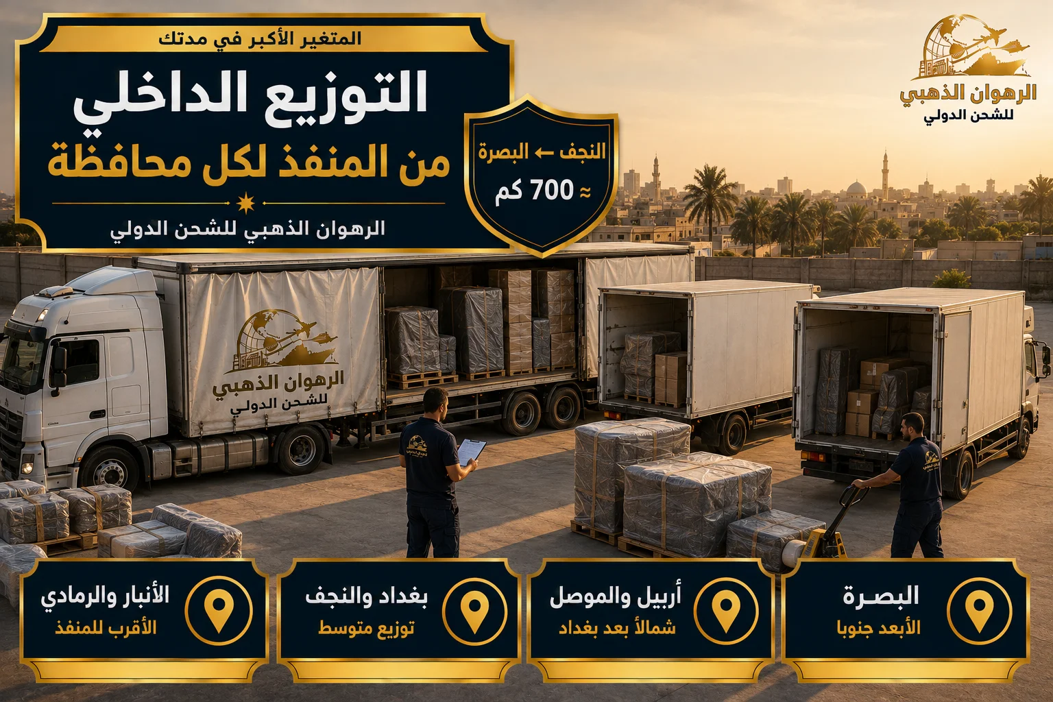 التوزيع الداخلي في العراق نقل الشحنة من شاحنة طويلة إلى مركبات توزيع داخلية في ساحة عراقية