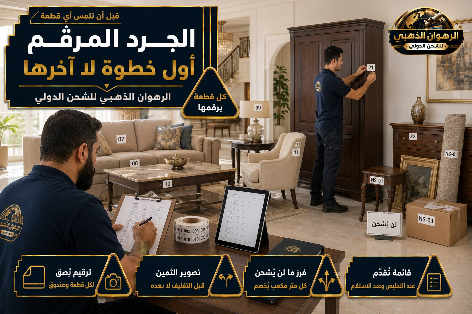 الجرد المرقّم قبل التغليف ترقيم قطع الأثاث وإعداد قائمة الجرد قبل التغليف في فيلا بالرياض