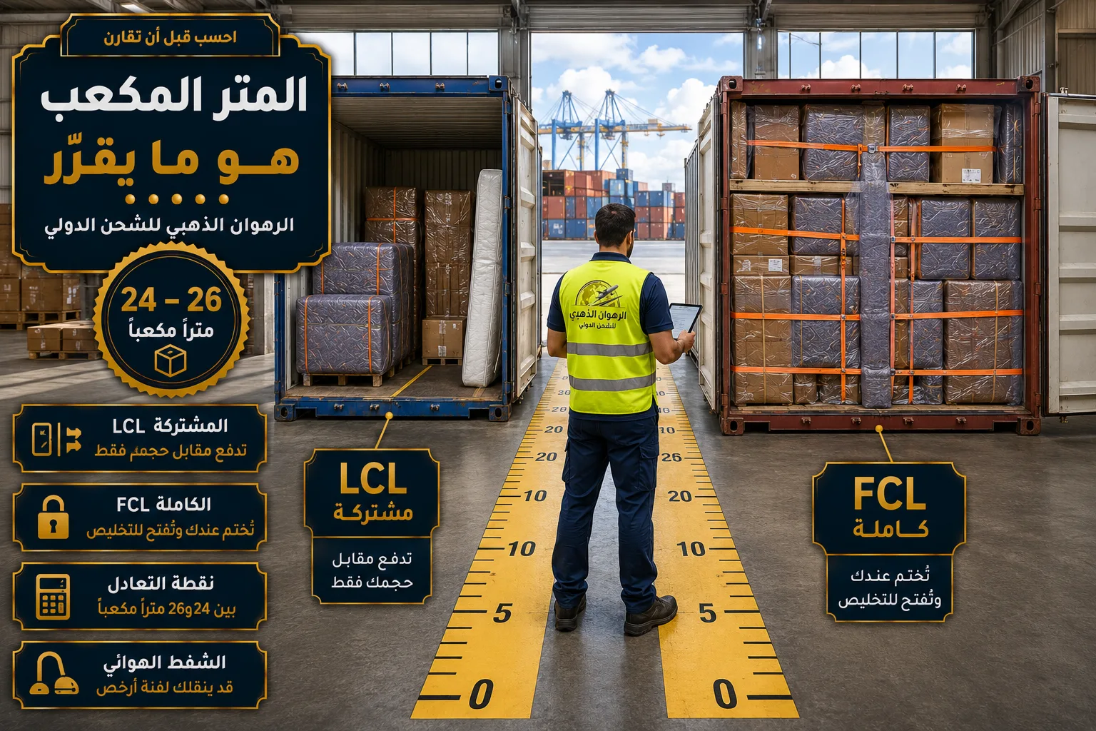 المشتركة والكاملة ونقطة التعادل حاويتان إحداهما نصف محمّلة والأخرى كاملة مع خط قياس على الأرضية