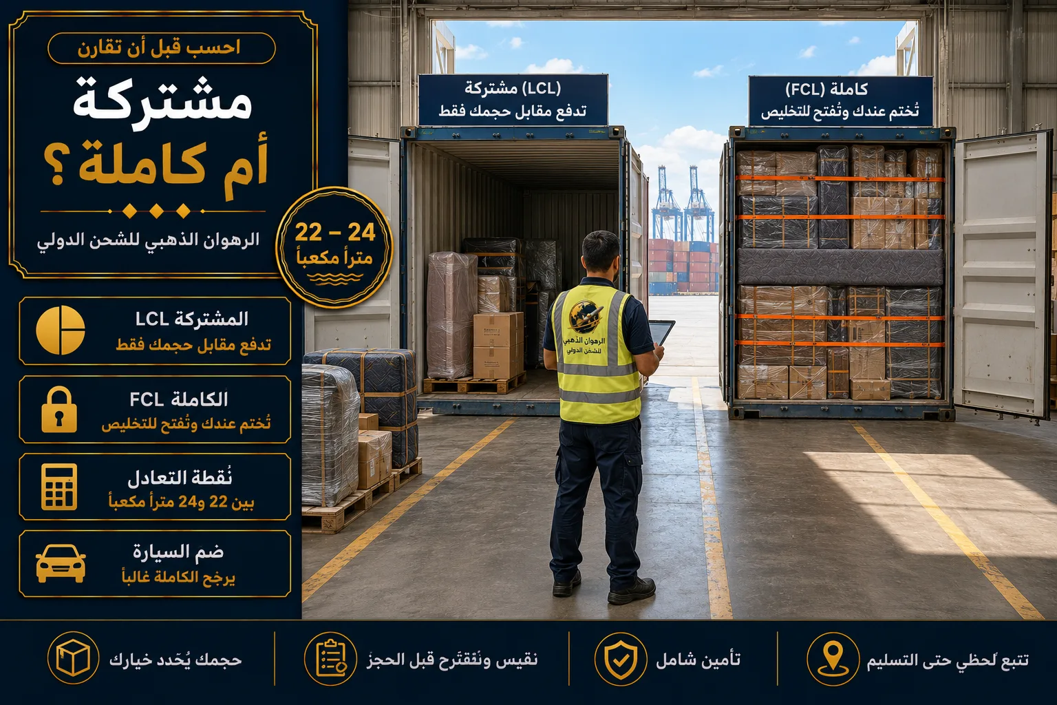 حاويتان إحداهما نصف محمّلة والأخرى كاملة التحميل في مستودع ميناء