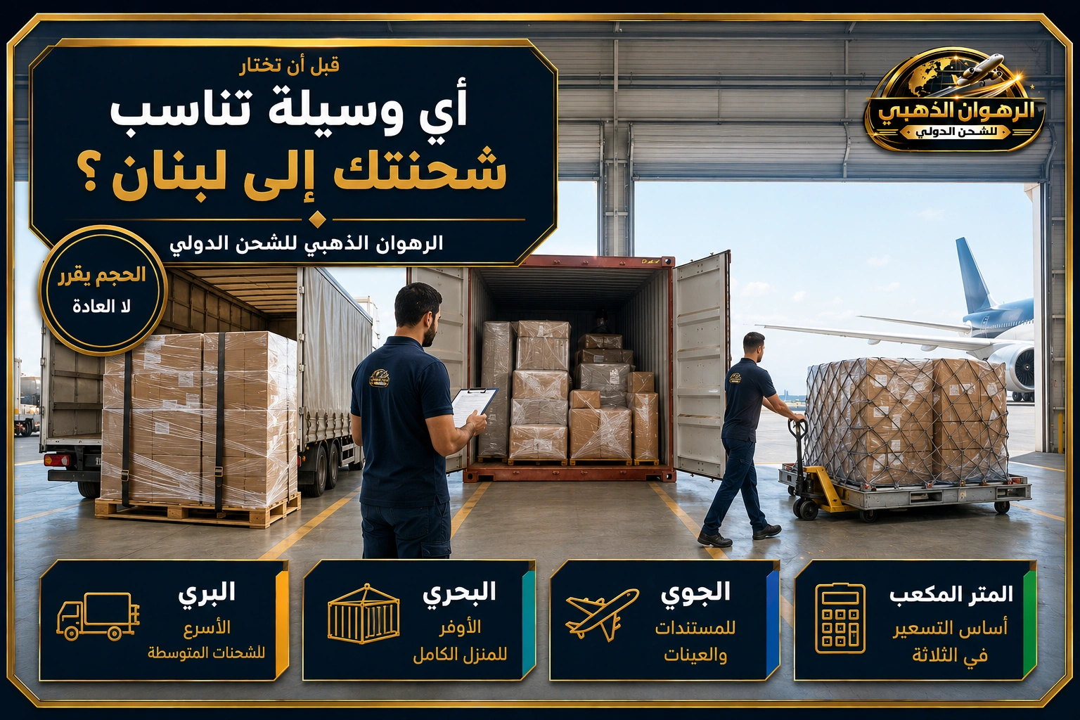 مقارنة وسائل الشحن إلى لبنان ثلاث مناطق تجهيز في مستودع تمثل الشحن البري والبحري والجوي إلى لبنان