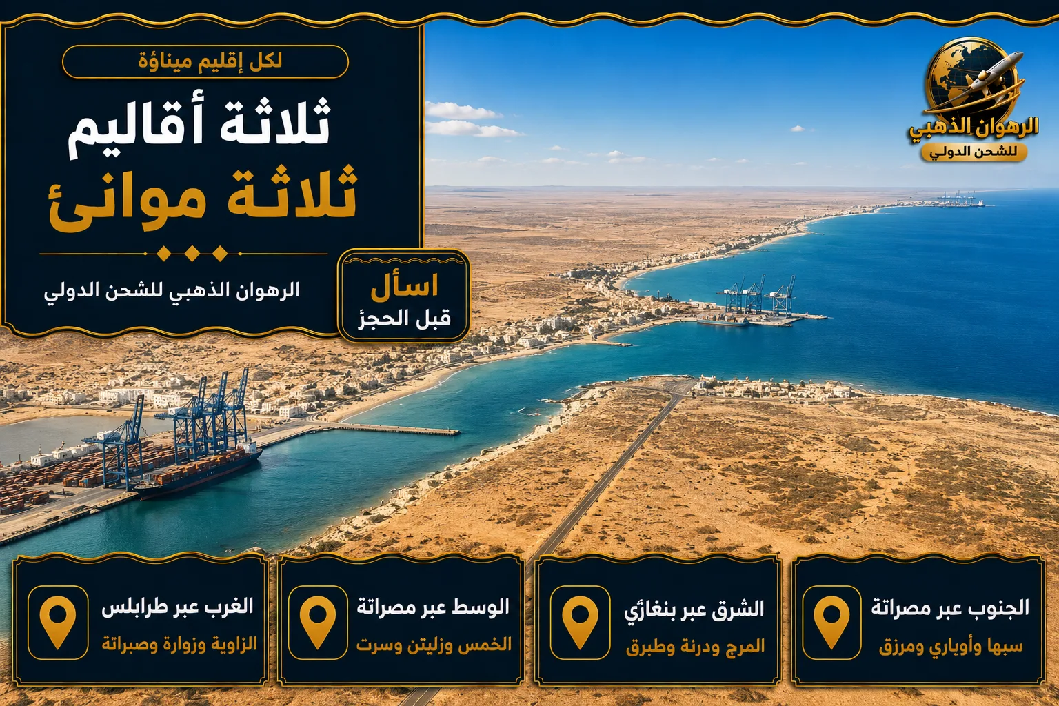 الأقاليم الثلاثة وموانئها بانوراما لساحل ليبي طويل بثلاثة موانئ متباعدة وطريق صحراوي جنوباً