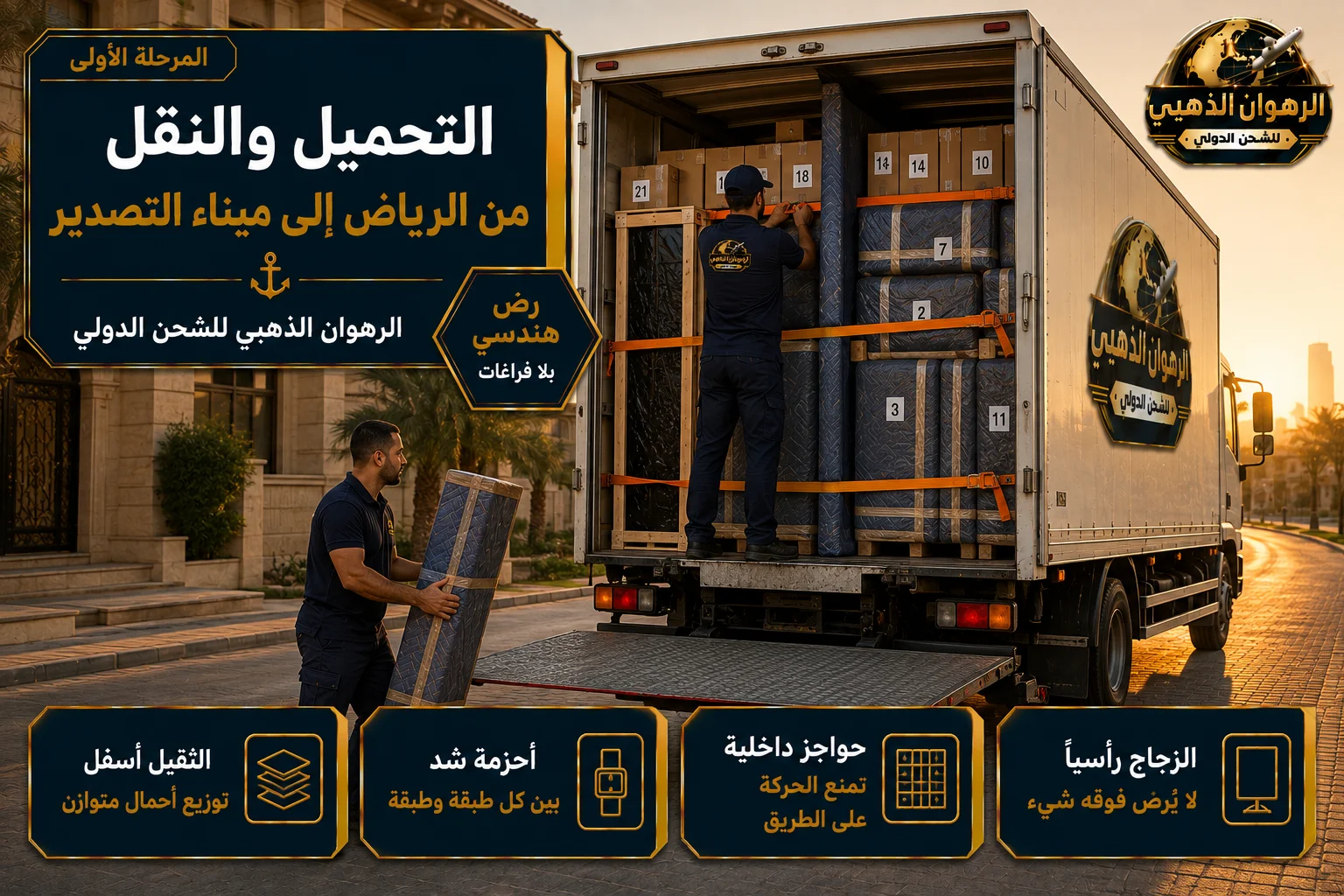 التحميل والنقل إلى ميناء التصدير تحميل الأثاث المغلّف في شاحنة بالرياض تمهيداً لنقله إلى ميناء التصدير