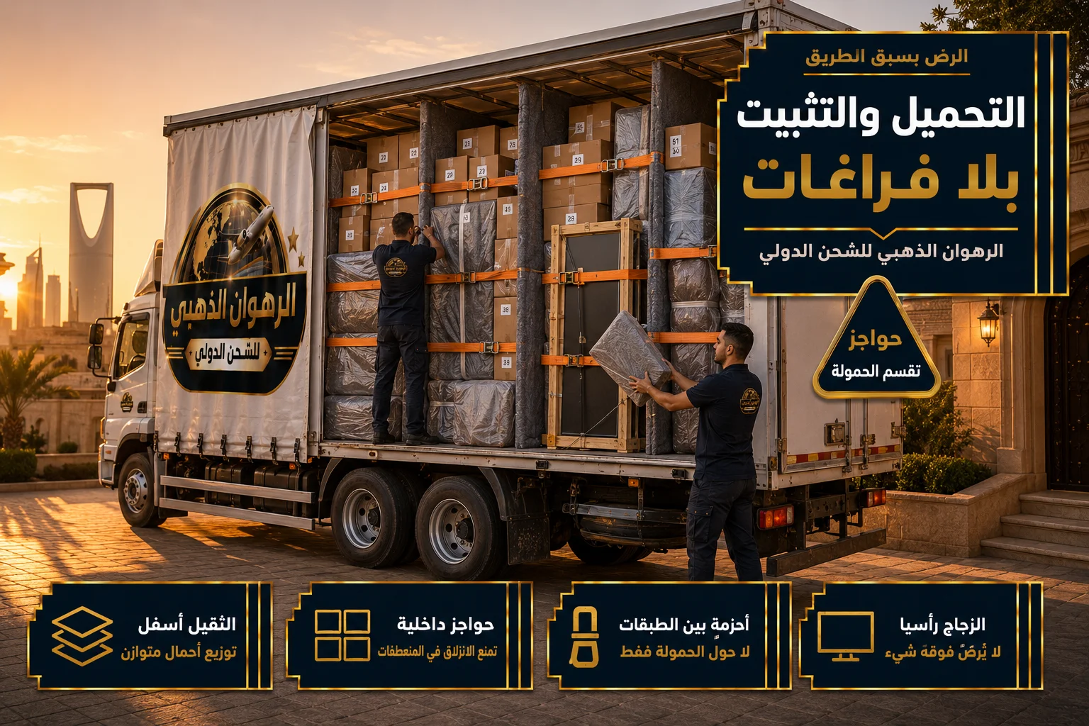 التحميل والرصّ بلا فراغات تحميل الأثاث المغلّف ورصّه بحواجز داخلية في شاحنة بالرياض