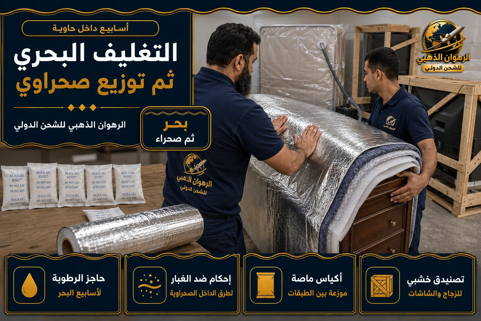 تغليف الأثاث بحاجز رطوبة وأكياس ماصة لرحلة بحرية إلى ليبيا