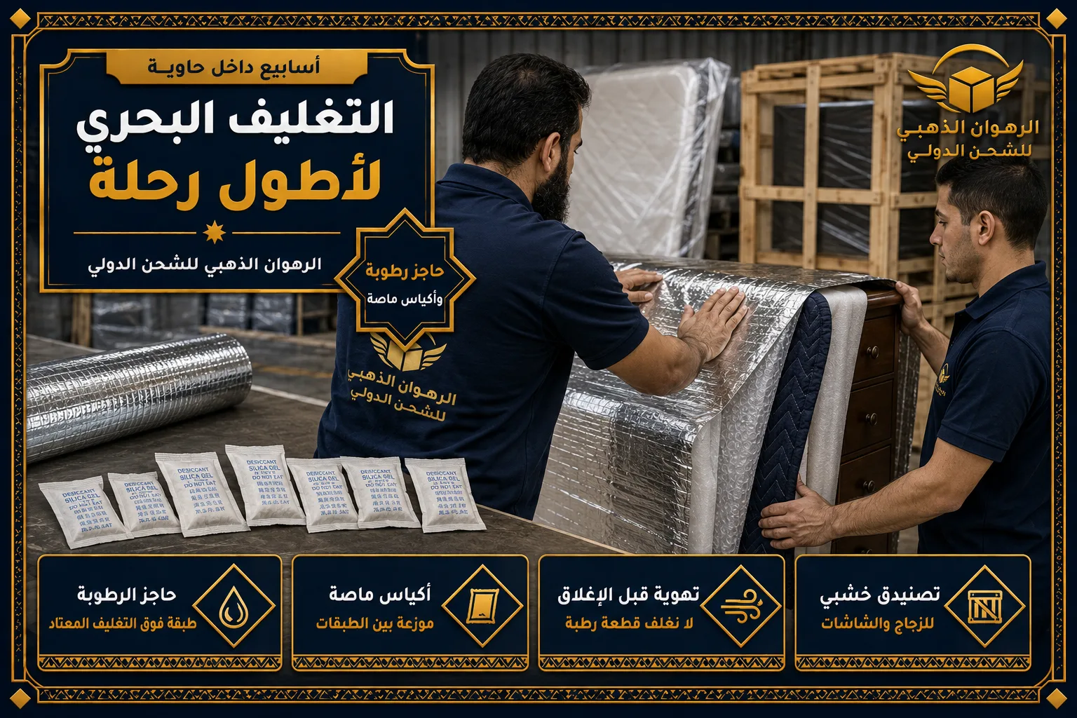 التغليف لأطول رحلة بحرية تغليف الأثاث بحاجز رطوبة وأكياس ماصة لرحلة بحرية طويلة إلى المغرب