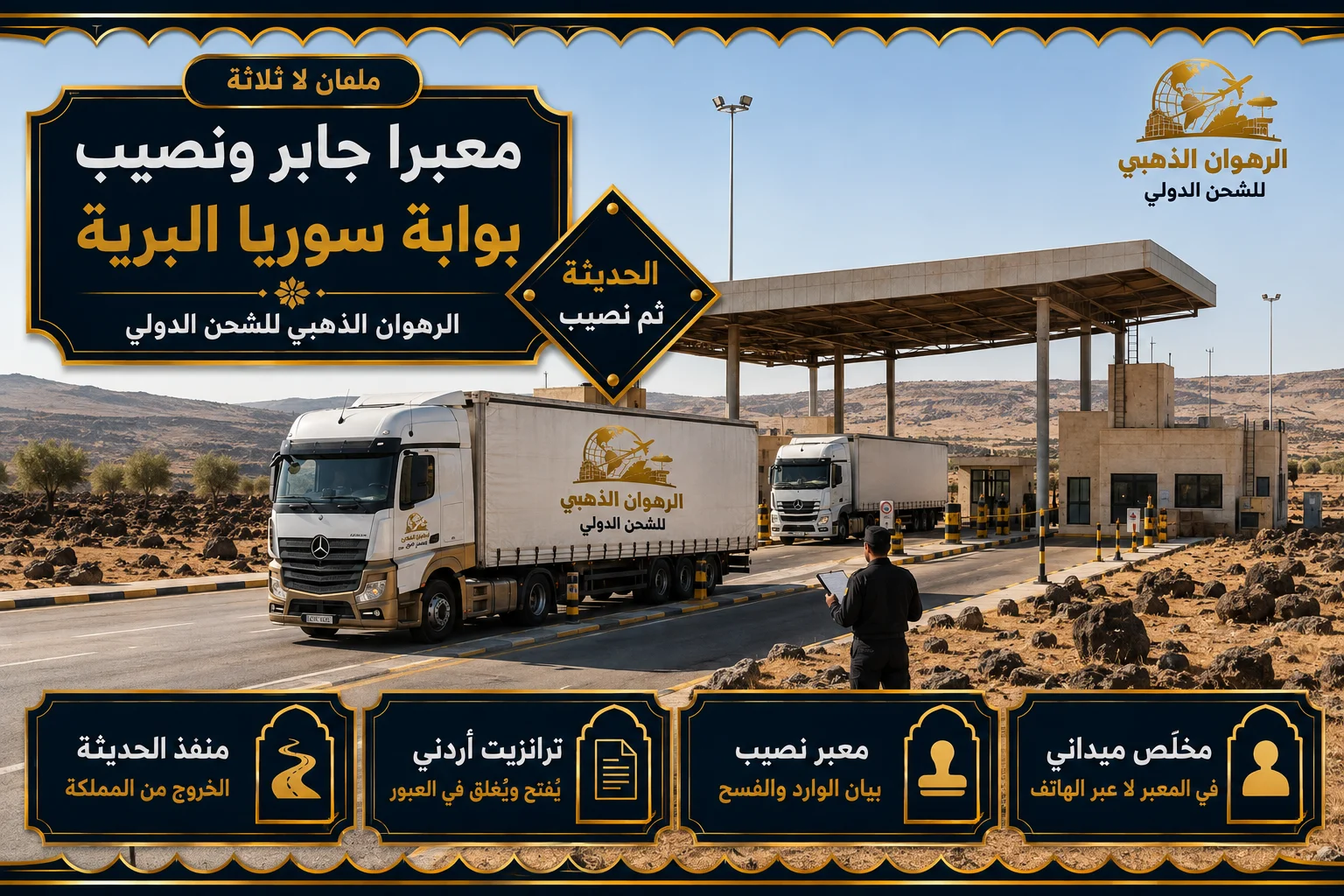 معبرا جابر ونصيب شاحنات في معبر حدودي على سهل بازلتي في طريقها إلى سوريا