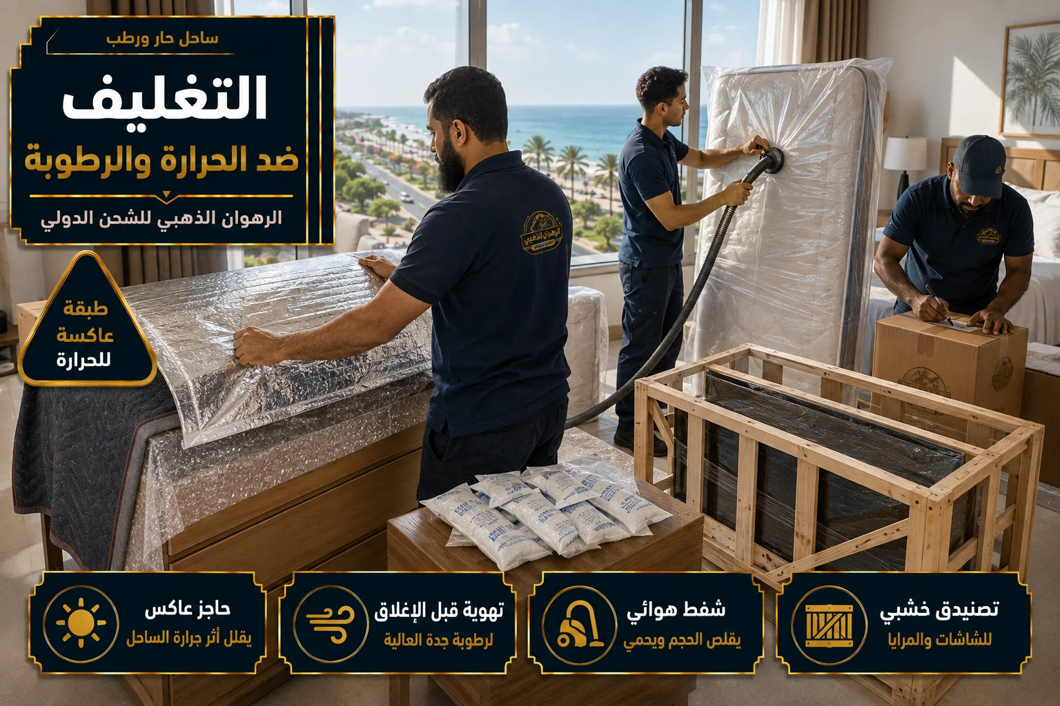 التغليف ضد الحرارة والرطوبة تغليف الأثاث بحاجز عاكس وشفط هوائي في شقة بجدة استعداداً للشحن إلى اليمن