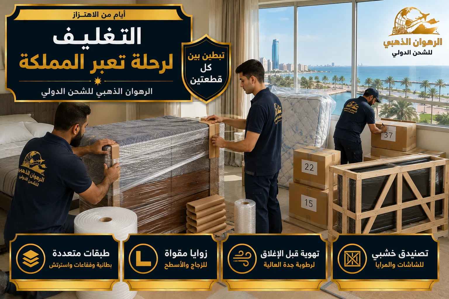 التغليف لرحلة تعبر المملكة تغليف الأثاث بطبقات متعددة في شقة بجدة تمهيداً للشحن إلى العراق