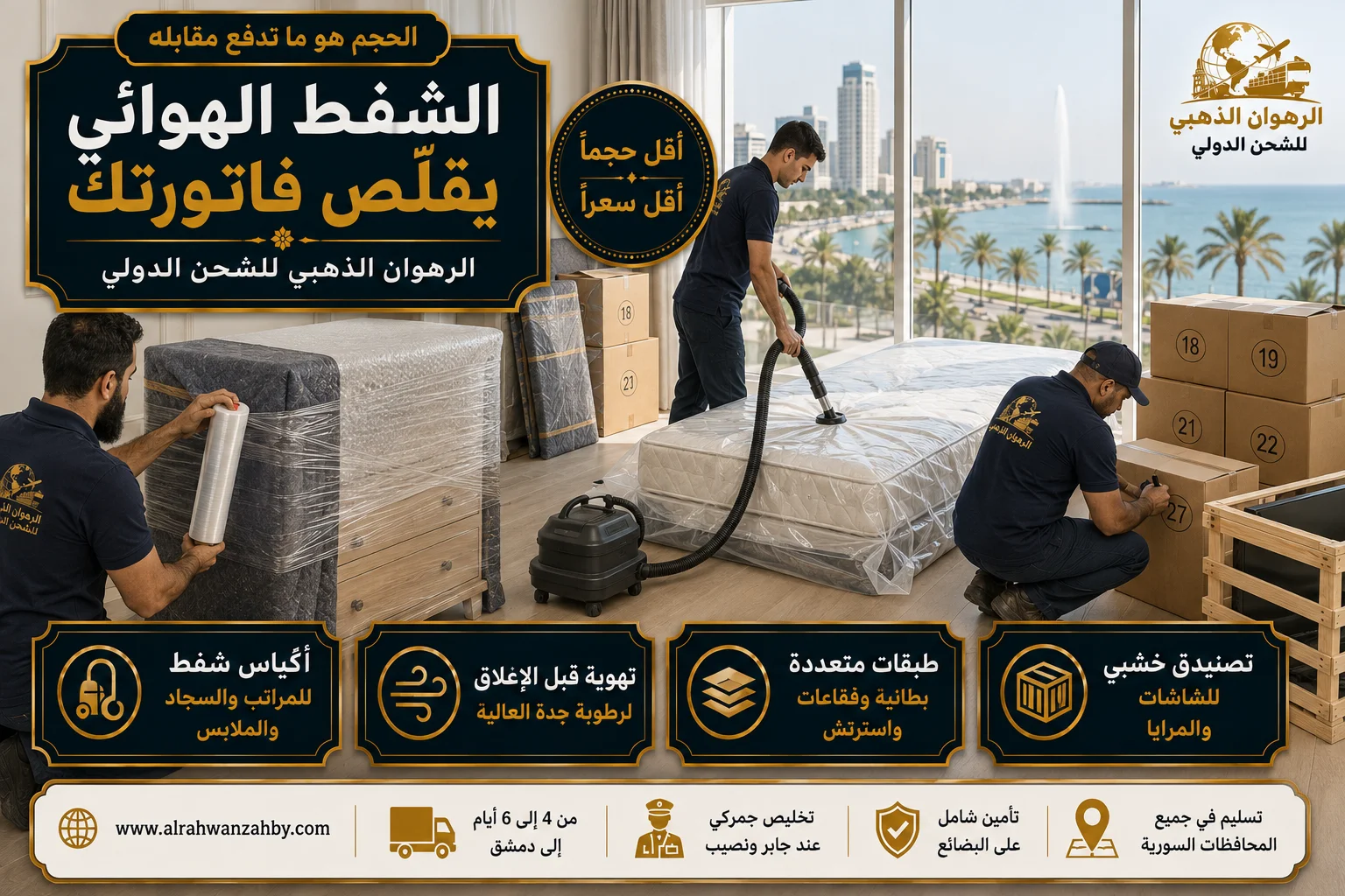 التغليف وتقليص الحجم تغليف الأثاث وشفط المراتب هوائياً في شقة بجدة تمهيداً للشحن إلى سوريا
