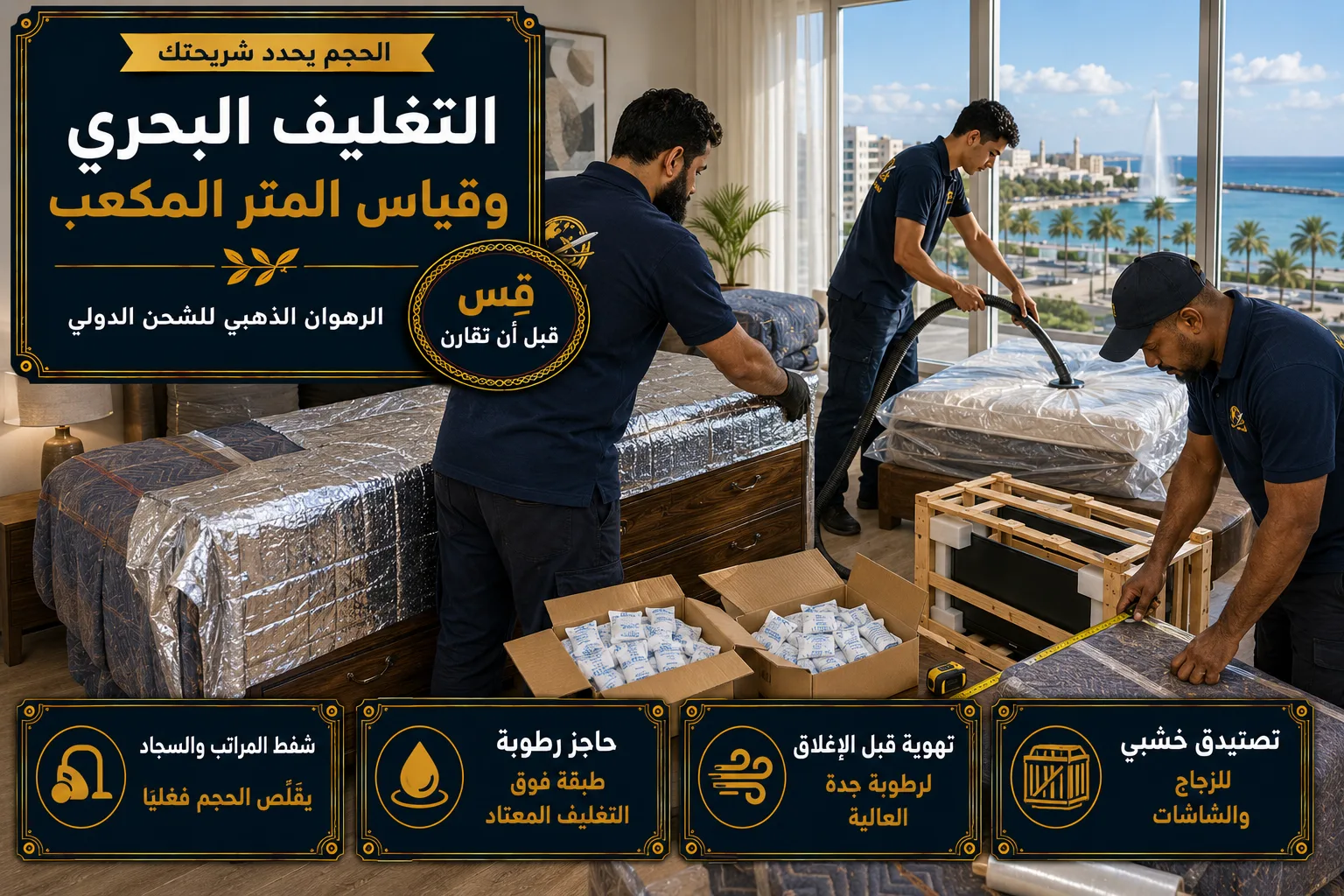 تغليف بحري وقياس حجم الأثاث في شقة بجدة استعداداً للشحن لتونس
