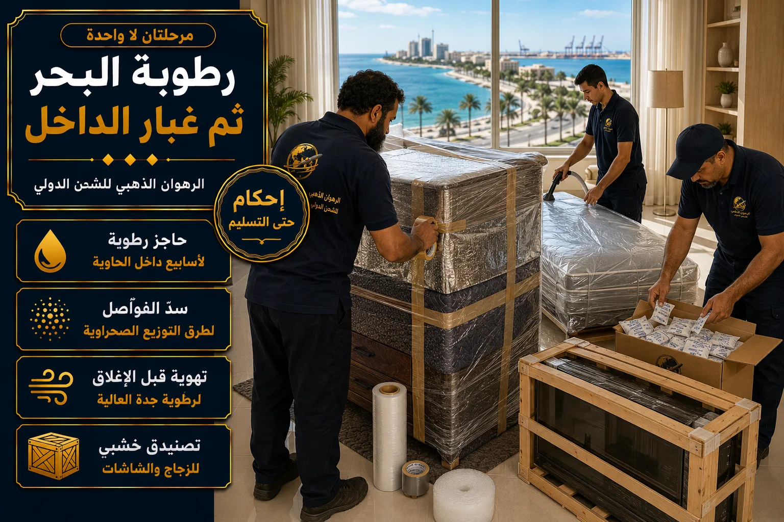تغليف الأثاث بطبقات محكمة وأكياس ماصة في شقة بجدة استعداداً للشحن لليبيا