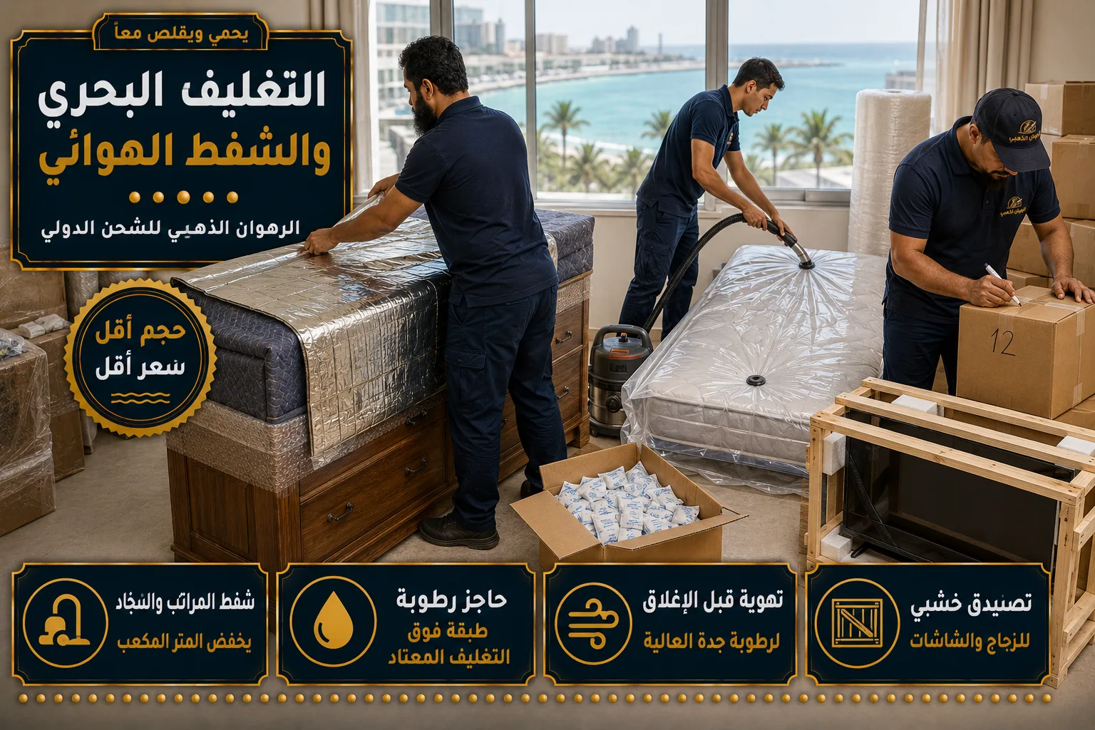 التغليف البحري وتقليص الحجم تغليف بحري وشفط هوائي للمراتب في شقة بجدة استعداداً للشحن للجزائر
