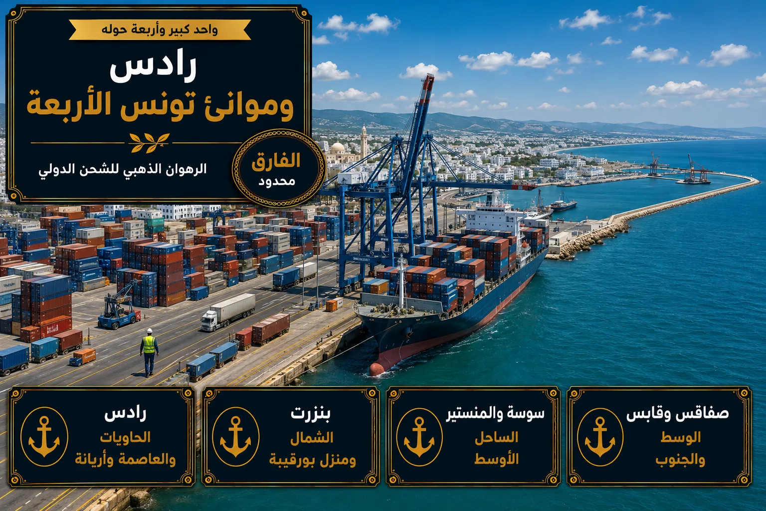 ميناء رادس للحاويات مع موانئ تونسية أصغر على امتداد الساحل