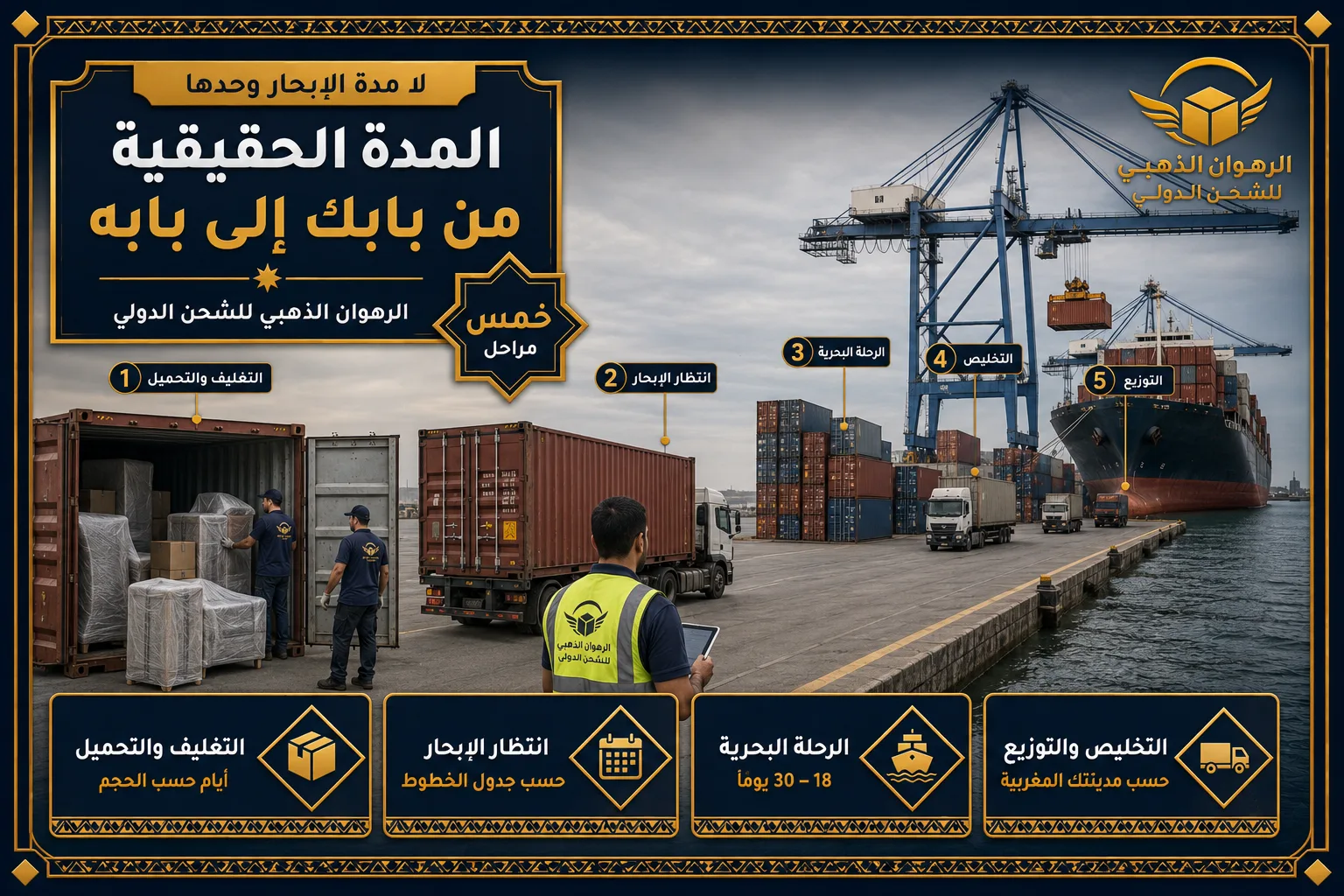 المدة الحقيقية للشحنة خمس مراحل متتالية في ساحة حاويات تمثل رحلة الشحنة إلى المغرب