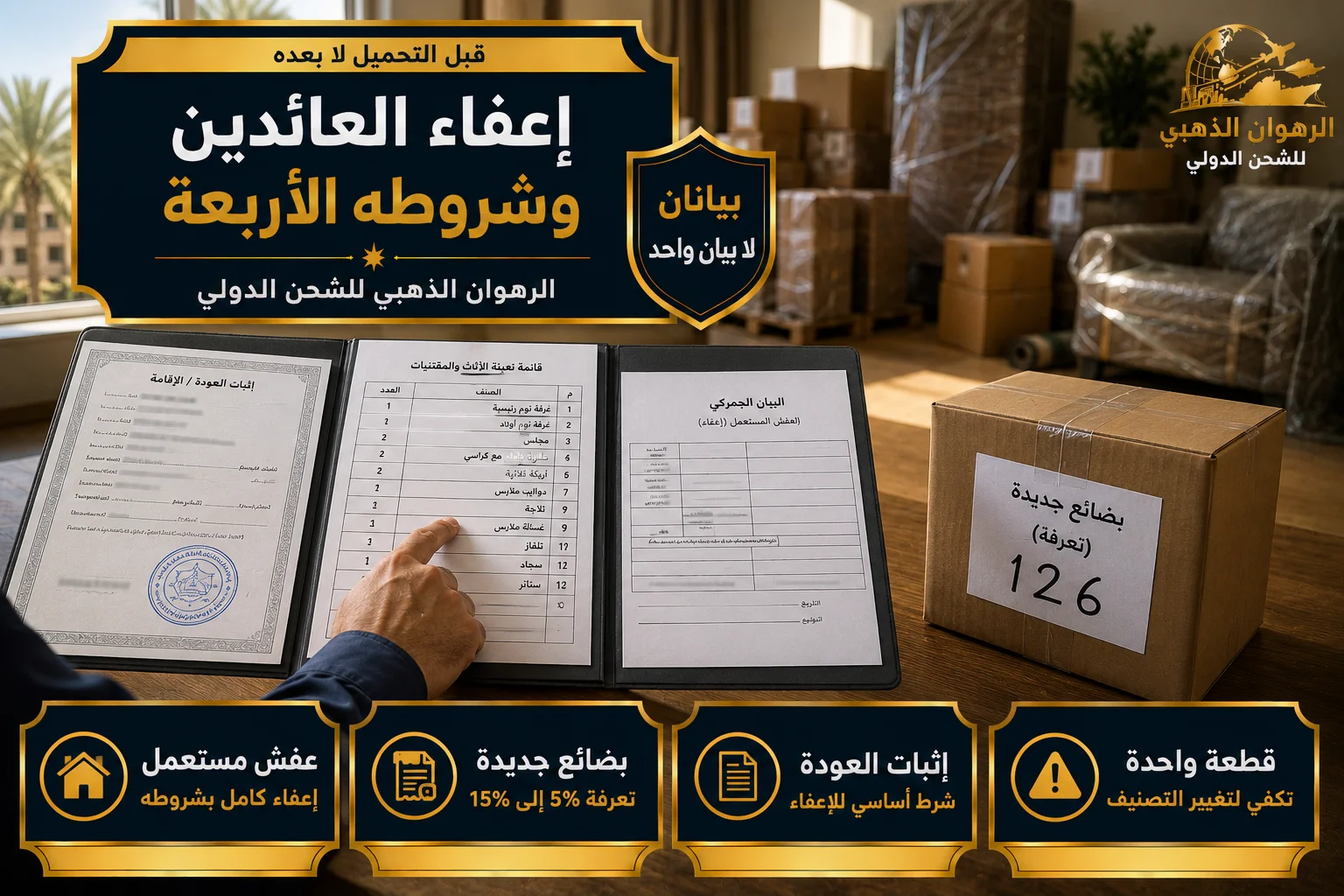 إعفاء العائدين وشروطه ملف مستندات الإعفاء الجمركي مع صندوق بضائع جديدة مفصول عنه