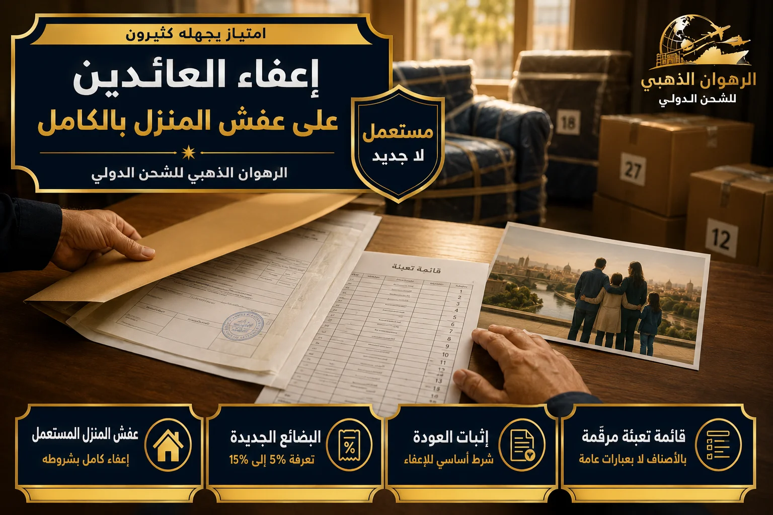 مستندات إثبات العودة وقائمة التعبئة لشحنة عفش متجهة إلى العراق
