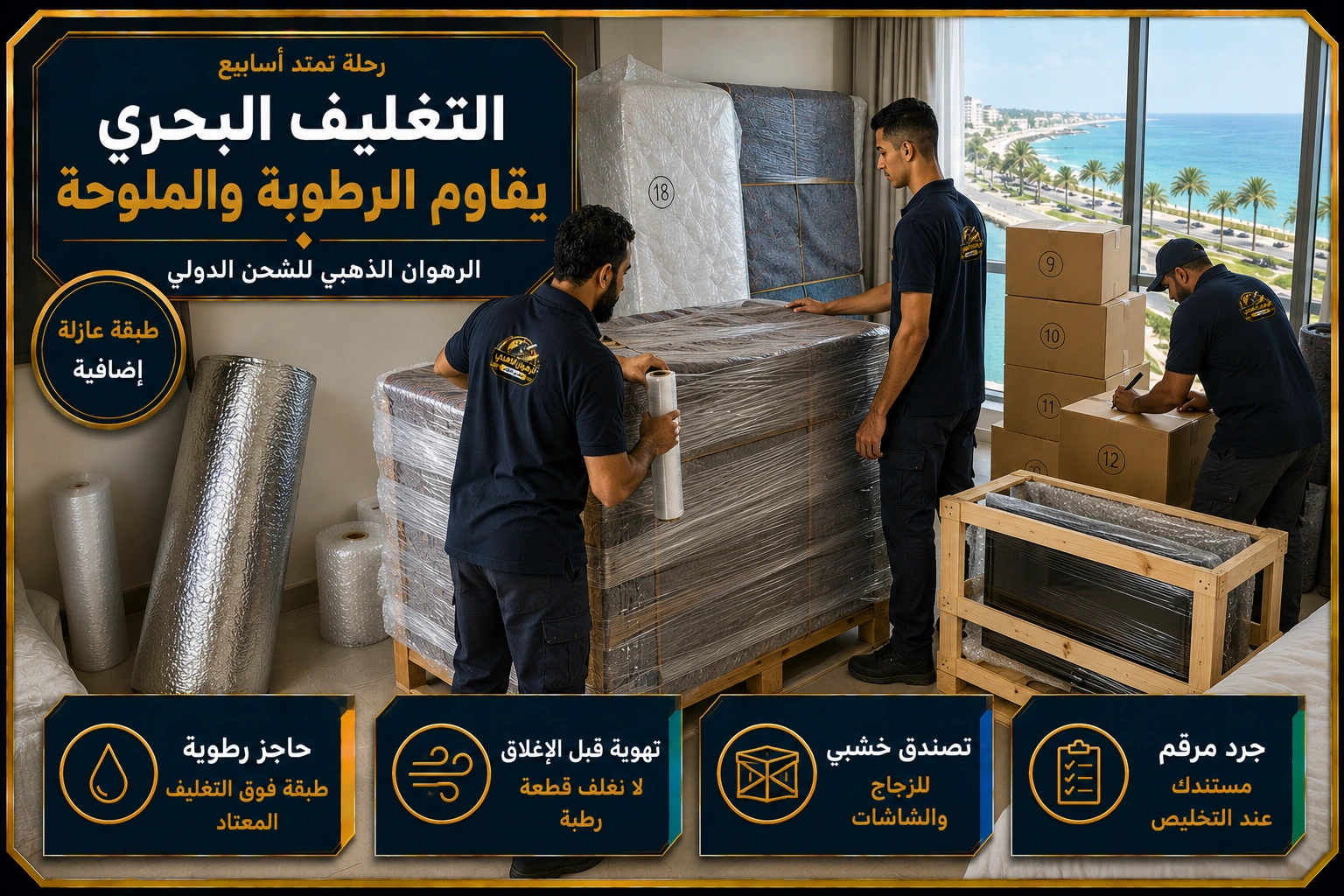التغليف البحري ضد الرطوبة تغليف الأثاث بطبقة عازلة للرطوبة في شقة بجدة استعداداً للشحن البحري