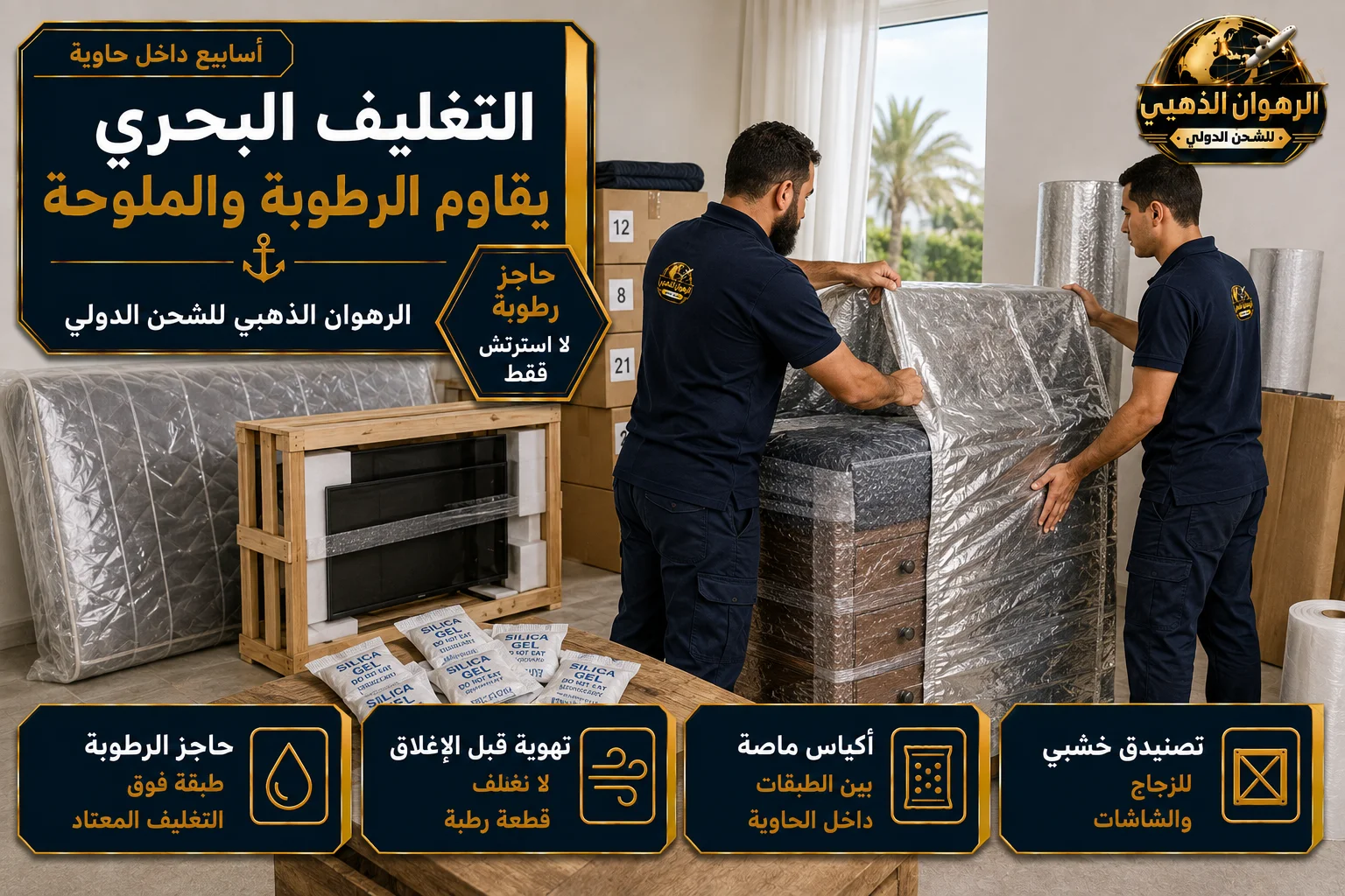 تغليف الأثاث بحاجز رطوبة وأكياس ماصة استعداداً للشحن البحري إلى تركيا