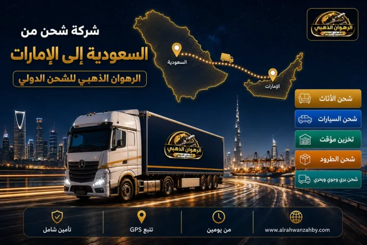 شاحنة شحن دولي تعبر من السعودية إلى الإمارات مع خريطة المسار
