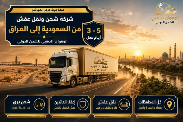 شاحنة على طريق صحراوي بين السعودية والعراق مع نخيل ونهر في الأفق