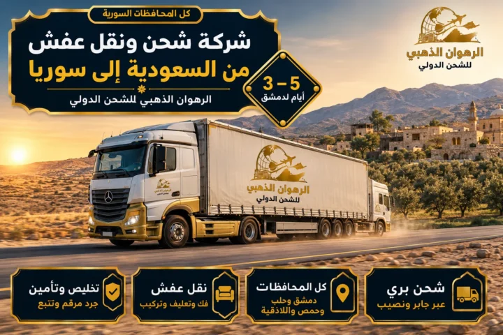 شاحنة على طريق بري من صحراء السعودية إلى أرض سورية مزروعة بالزيتون