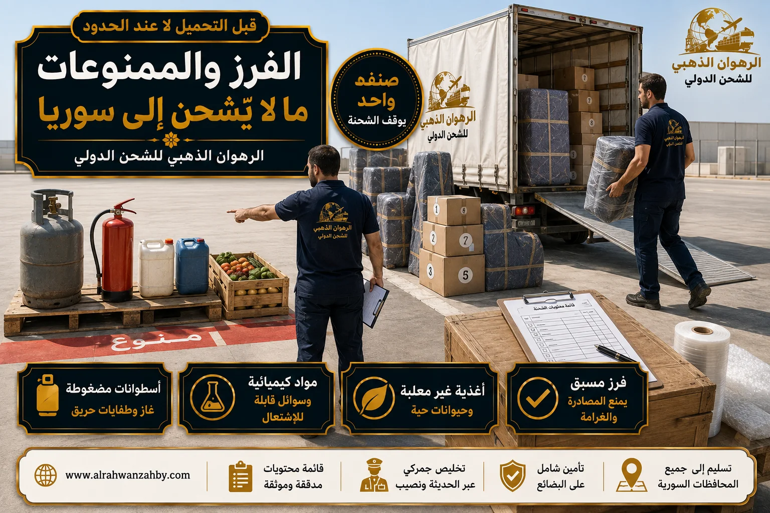 الفرز والممنوعات قبل التحميل فرز الأصناف الممنوعة قبل تحميل شحنة متجهة من جدة إلى سوريا