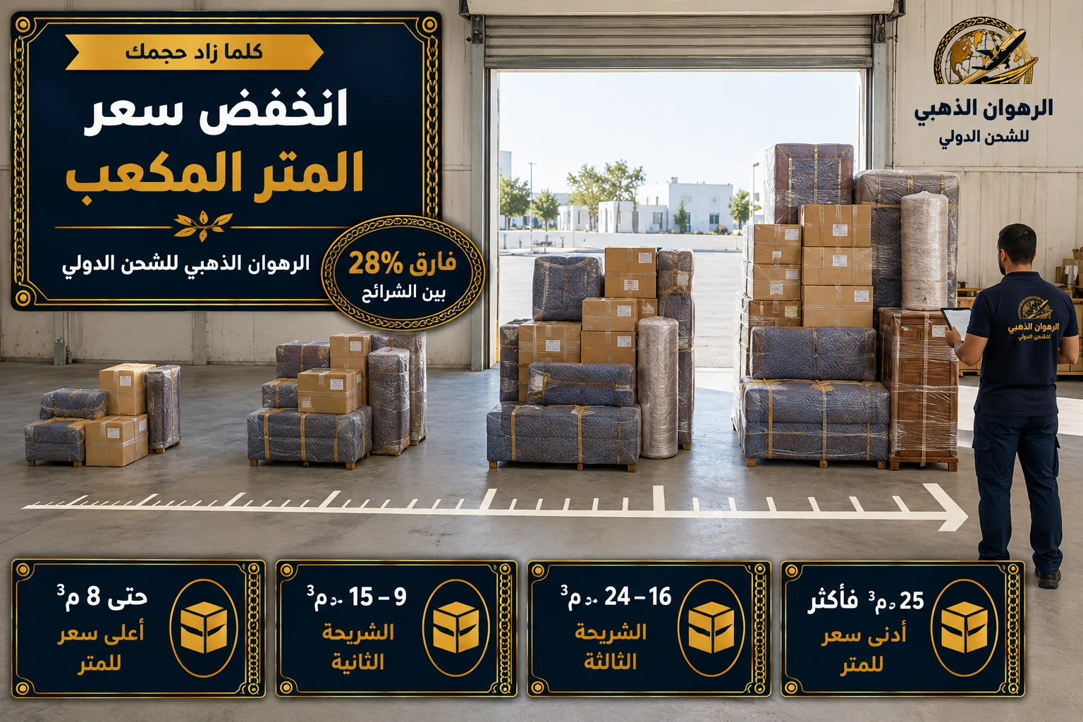 أربع مجموعات شحن متدرجة الحجم في مستودع مع مقياس مدرّج على الأرضية