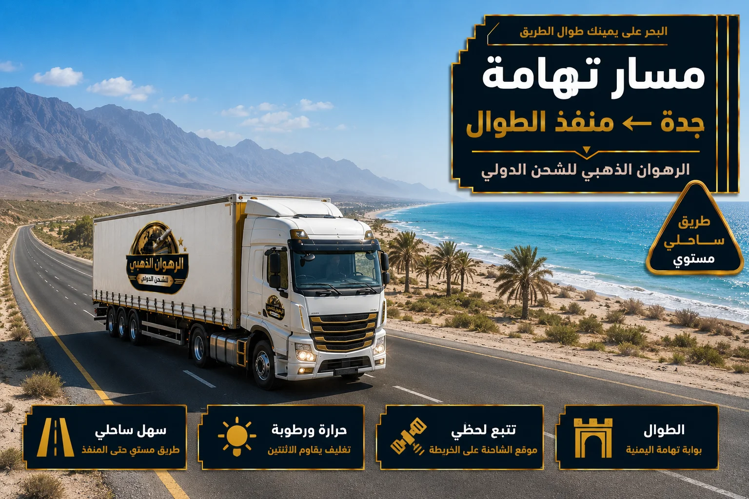 مسار تهامة الساحلي شاحنة على طريق ساحلي بمحاذاة البحر الأحمر في طريقها إلى اليمن