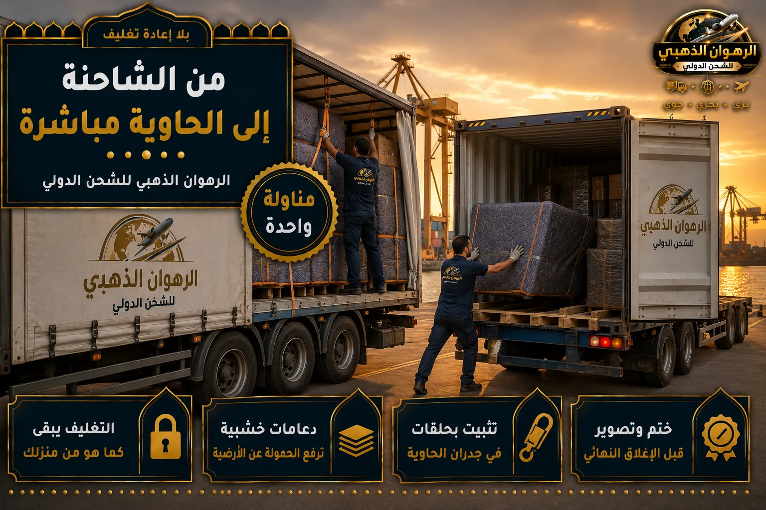 نقل الأثاث المغلّف من الشاحنة إلى الحاوية مباشرة في ميناء التصدير