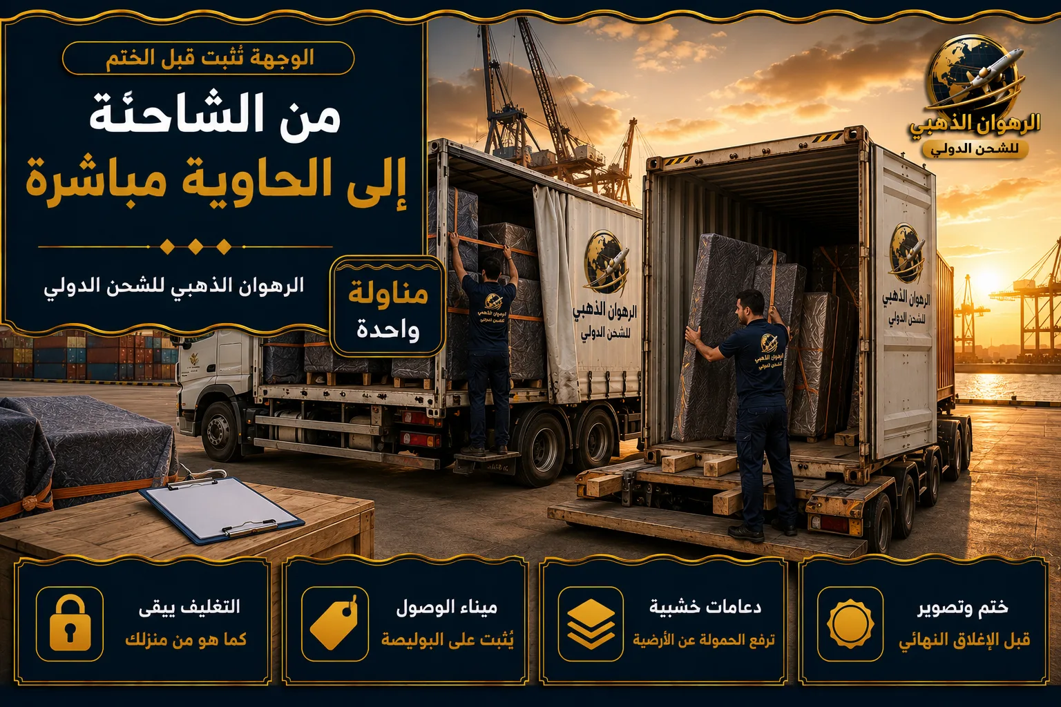 من الشاحنة إلى الحاوية مباشرة نقل الأثاث المغلّف من الشاحنة إلى الحاوية مباشرة في ميناء التصدير